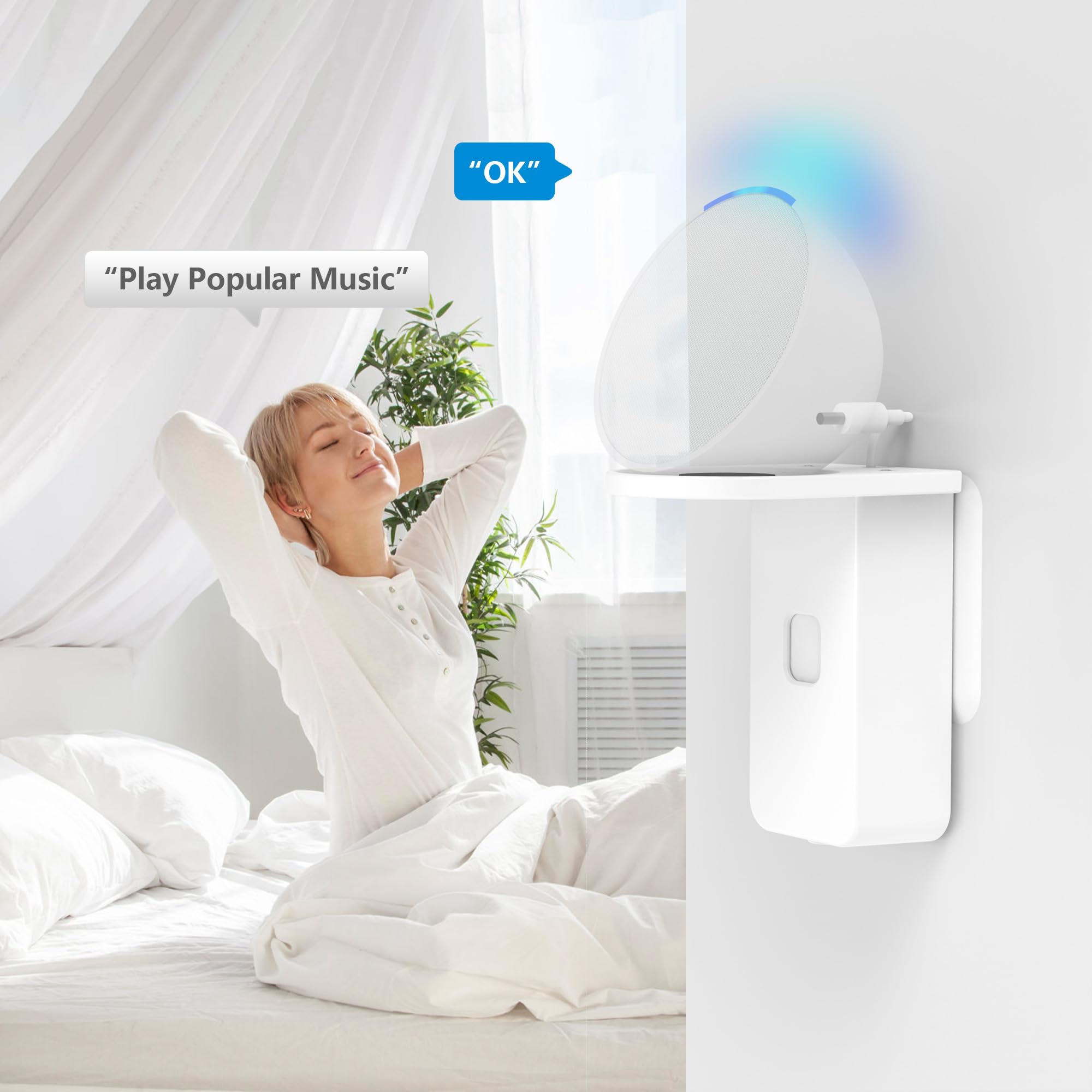 PlusAcc supporto a parete per ΡΟΡ - supporto salvaspazio per accessori per altoparlanti intelligenti, senza forare, perfetto per caffetteria, bagno, camera da letto (Bianco)