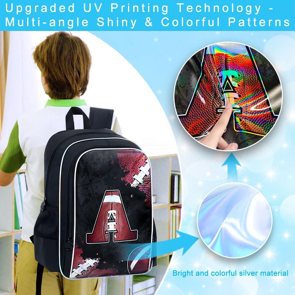 AGSDON 3PCS Rugby Backpack for Boys, 17" Kids Bookbag Water Resistant and Lightweight with Lunch Box for Teen