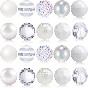 Ferreve 20 Pcs Chunky Bubblegum Beads 20mm Focal Pen Large Rhinestone Pearl Beads for DIY Beadable Pen School Jewelry Making Keychain Craft MakingWhite