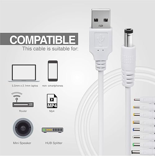 Miniatura 3 de UCEC Cable de alimentación de 5 V, USB universal a CC de 0.217 x 0.083 in, cable de carga con 8 enchufes intercambiables, adaptador para enrutador,