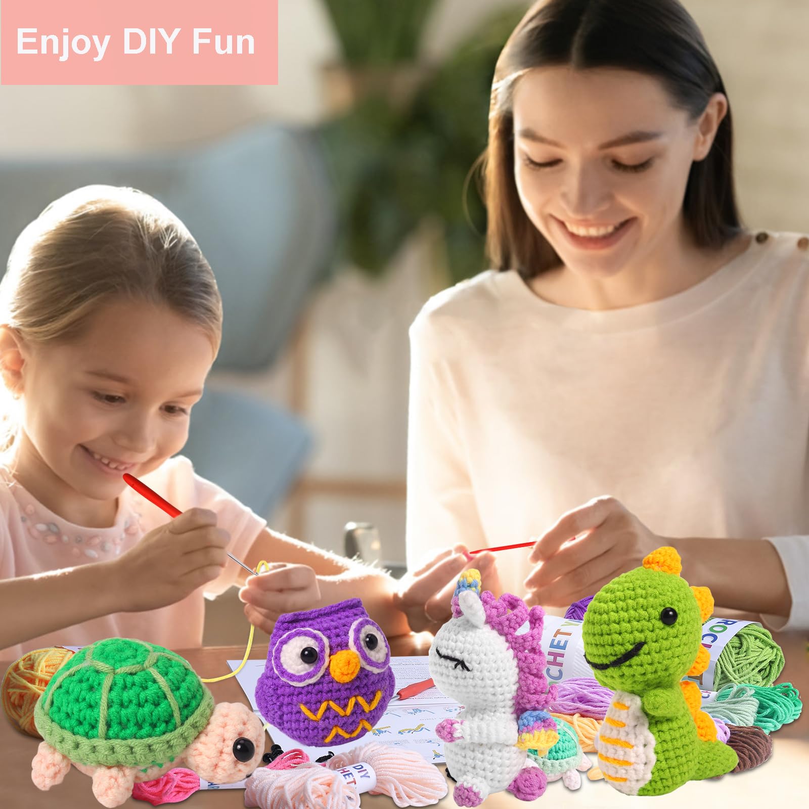 Kit Crochet Débutant - 5 Animaux à Realiser - Avec Fil, Crochet Et Instructions - DIY Loisir Créatif