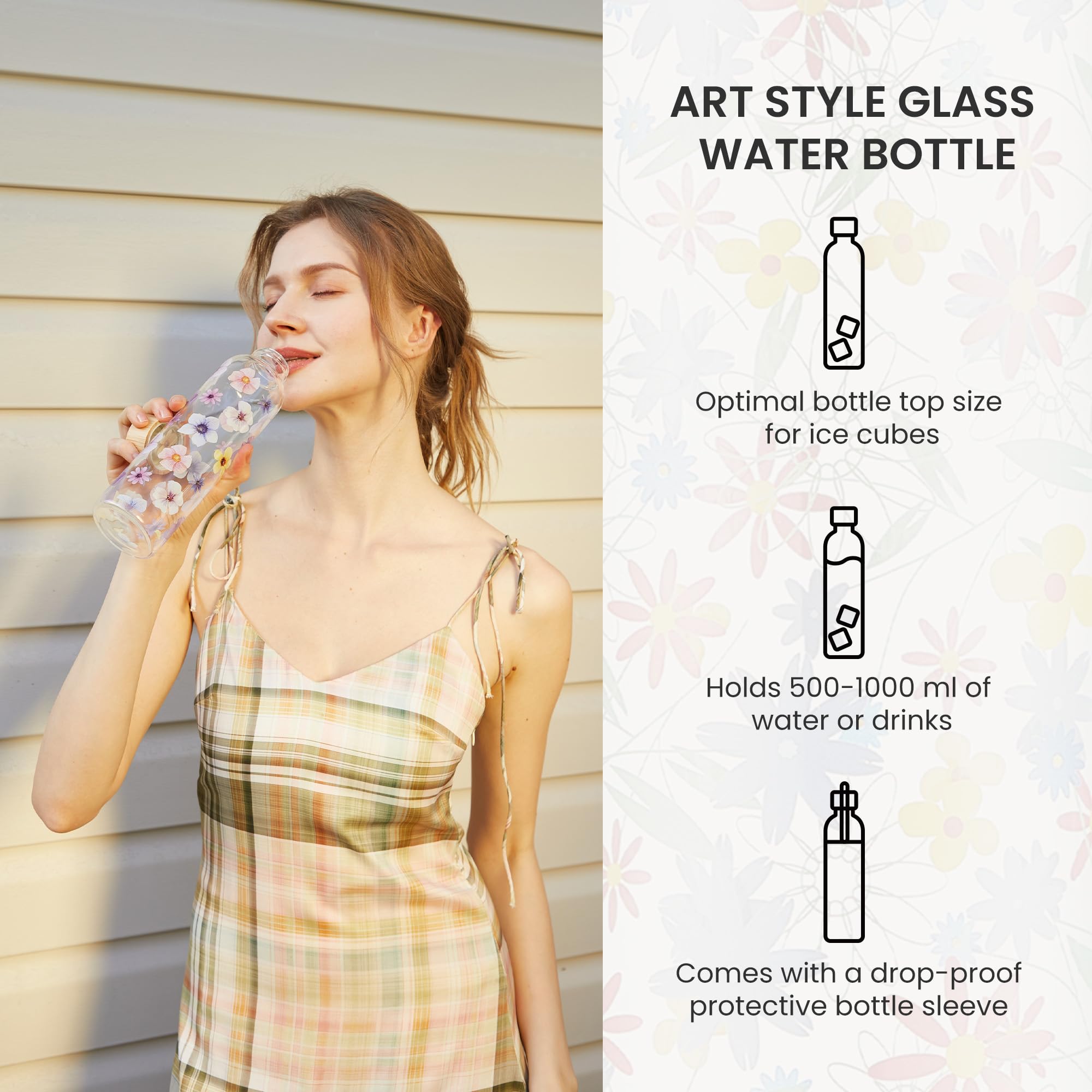 Autsel Glass Water Bottle 1000ml Artistic Glass Drinking Bottle with Lid Leak Proof Borosilicate Water Bottle with Protection Sleeve - Image 2