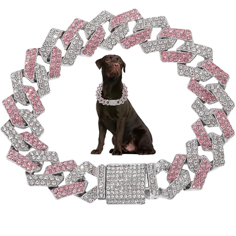 Coleira corrente Cuban Link para cães pequenos, metal com decoração em zircônia JPOJPO, Rosa, 22,86 cm (pescoço máx. 20,32 cm), 1 unidade