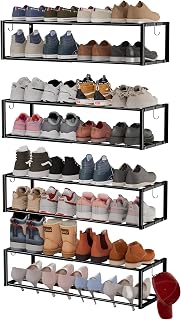 4 Pack Expandable Wall Mounted Shoe Rack, 17"-31" Adjustable Hanging Shoe Rack Holds 32 Pairs, Heavy Duty Metal Shoe Holder with 8 Storage Hooks, Space Saving for Entryway Closet Doorway(Black