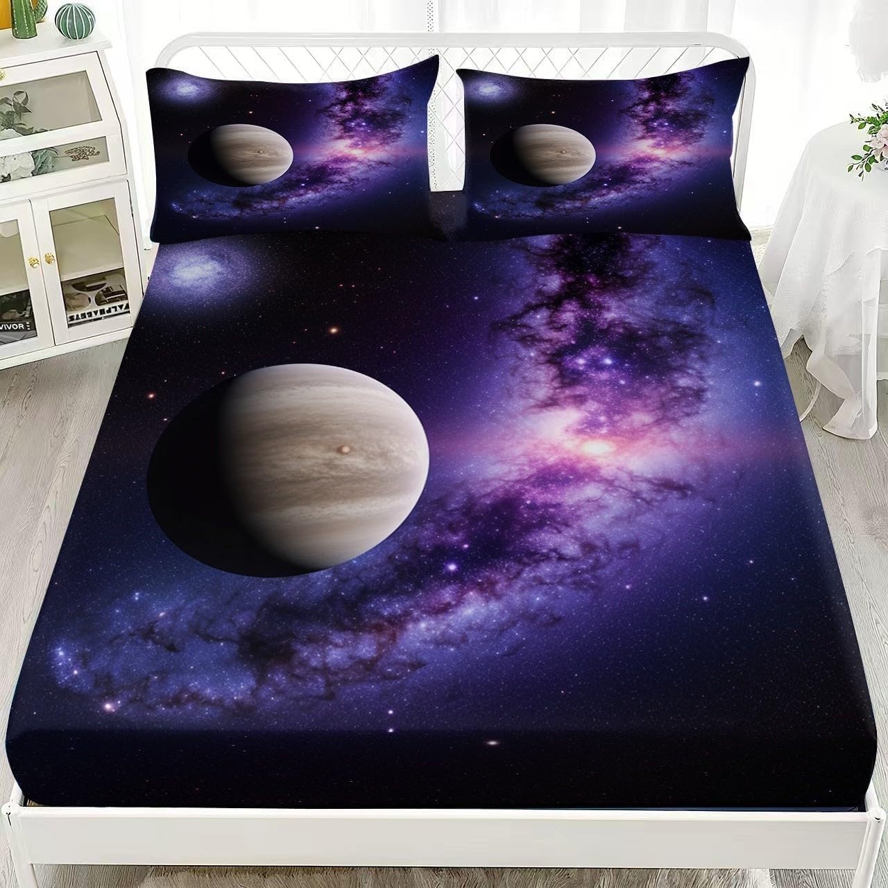 Jupiter Fitted Sheet Nebulae Bed Sheets Deep Pocket 12 inch (30 cm) Soft Cozy 3 Piece Microfibre Bed Sheet 200x200 cm with 2 Pillowcases 50x75 cm