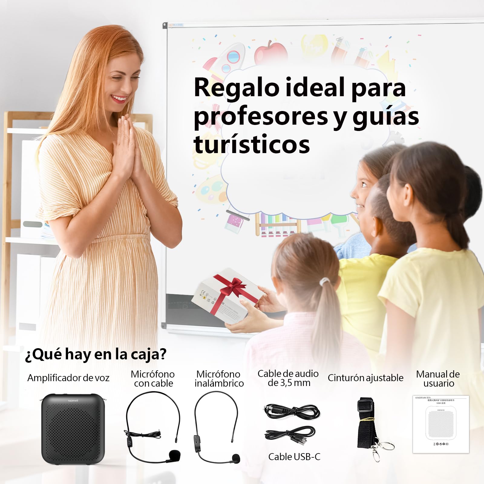 Norwii Amplificador de Voz Inalámbrico para Profesores, Minialtavoz Sistema de Megafonía Bluetooth Portátil 15W con 2 Micrófonos de Diadema, Batería Recargable 5200mAh para Clases/Guias/Conferencias
