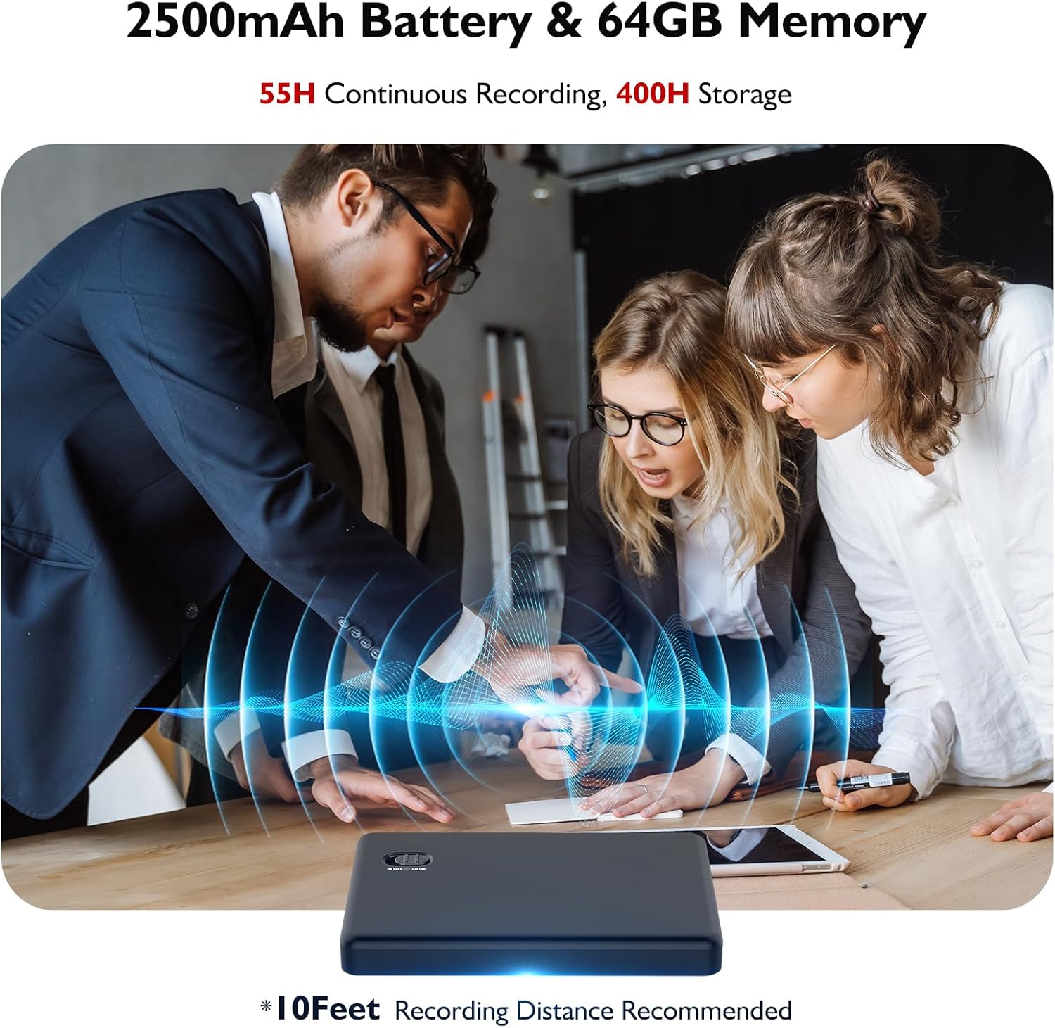 EVISTR AI Voice Recorder capturing sound in a meeting with 2500mAh battery and 64GB memory