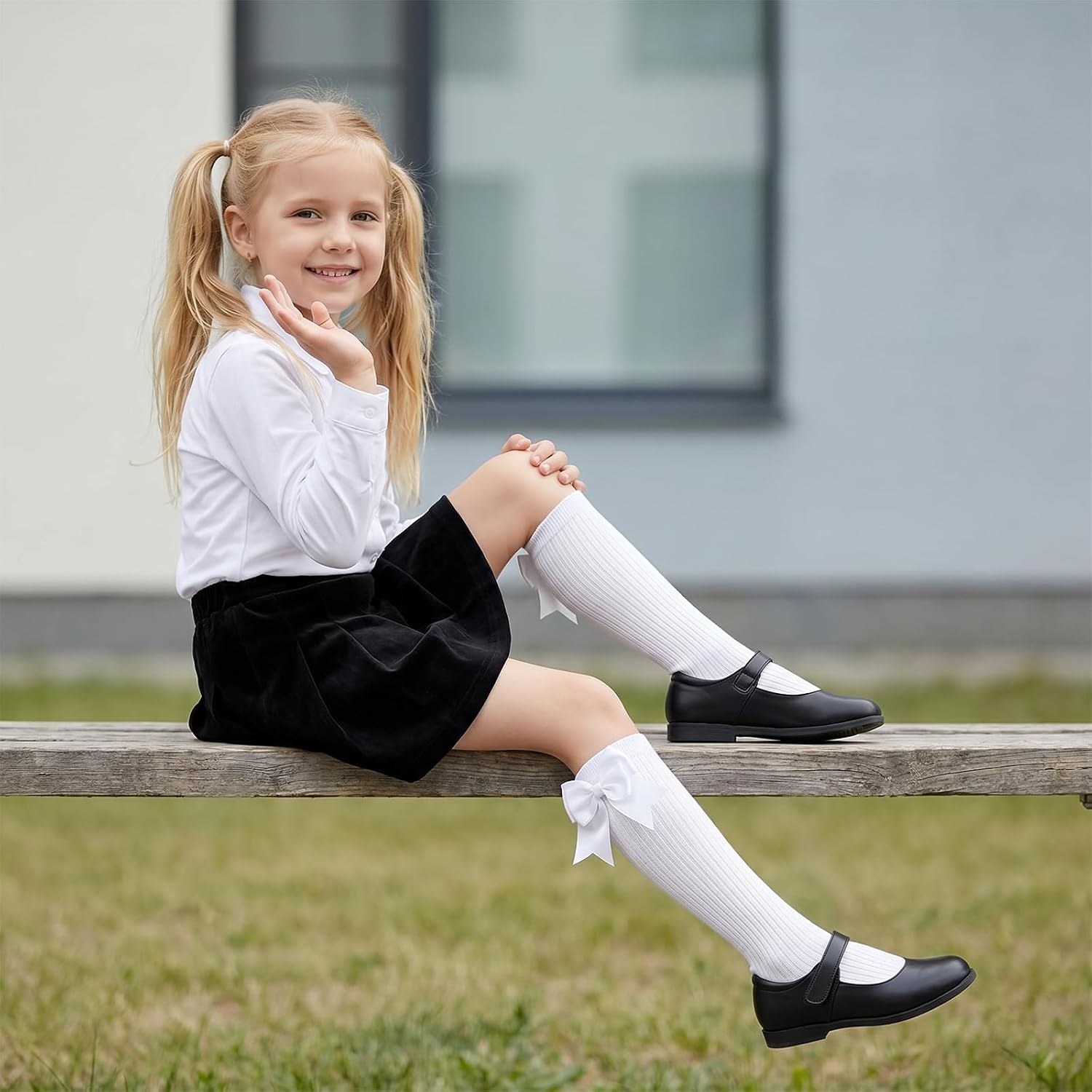 2 Pairs Knee High Socks for Girls, Cotton School Uniform Long Socks, Knee High Socks with Bows for Daily Wear, School Uniforms, Dance, Cosplay (Black, White)
