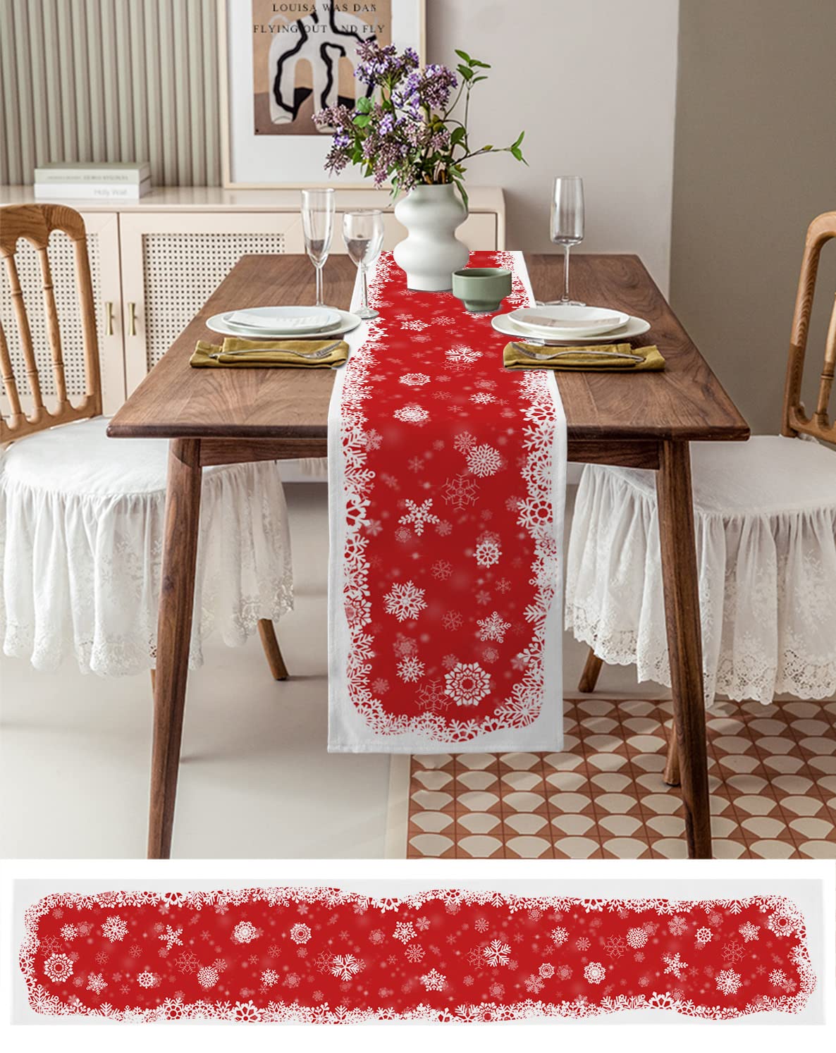 Kerst Tafelloper, 35,5 x 180 cm rood geruit sneeuwvlokken patroon linnen eettafel loper voor winter kerstdecoraties (sneeuwvlok geruite sneeuwvlok