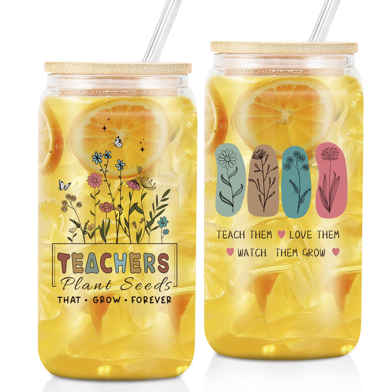 Teacher Appreciation Gift Glass Cup - 16oz Clear Can With Lid & Straw - Inspirational Rainbow Brain Design - Funny Thank You Gift For Women Teachers