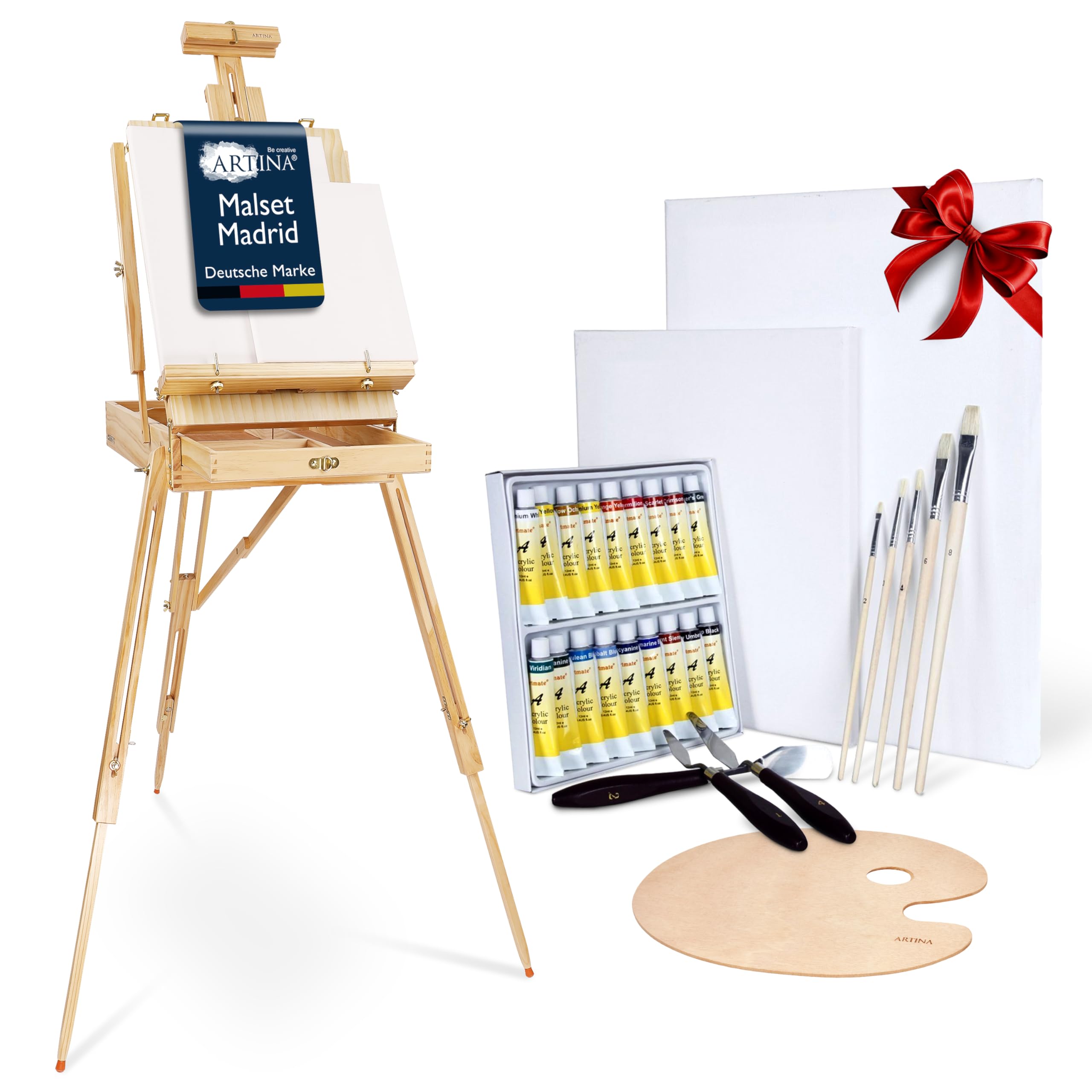 Artina 30 tlg Malset mit Kofferstaffelei Acrylfarben Set Künstlerkoffer | 2x Leinwänden 18x Pinseln & Mal Zubehör für Erwachsene & Hobbykünstler 30tlg Malen Acryl Anfänger Madrid