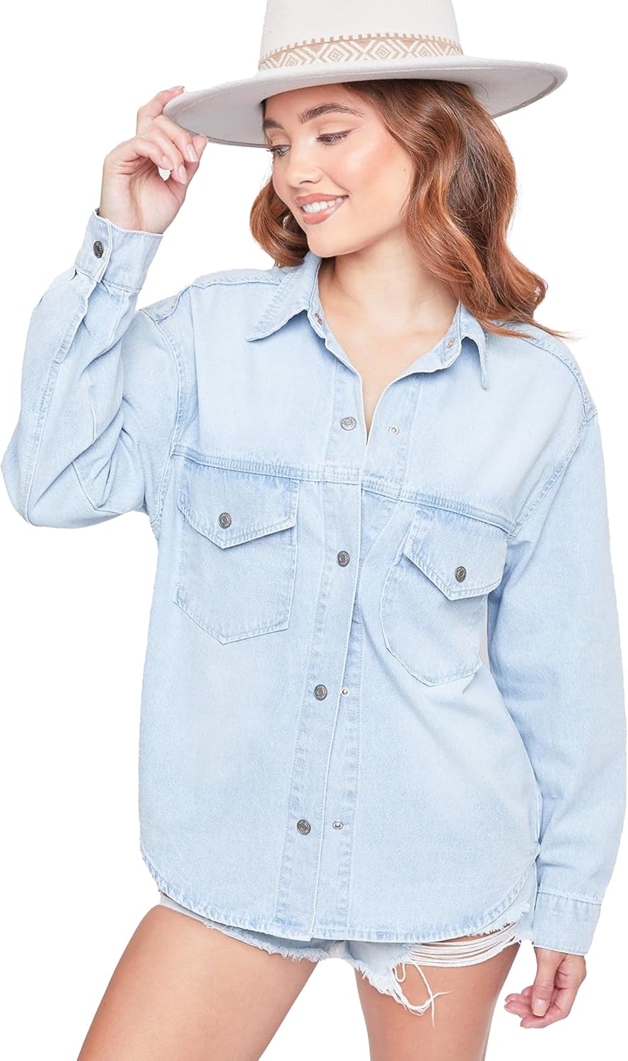 Oversized Denim Shacket with Long Sleeves by YMI