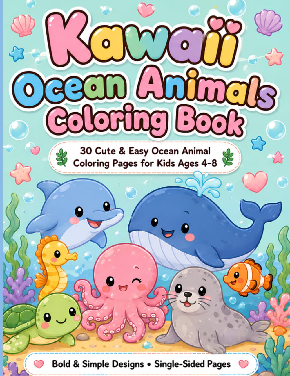 Kawaii Ocean Animals Coloring Book: 30 Cute & Easy Ocean Animal Coloring Pages for Kids Ages 4–8