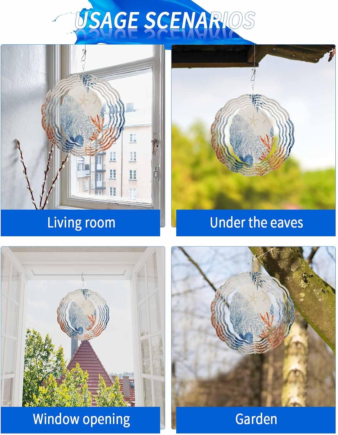 Summer Coral Starfish Wind Spinner for Garden Yard 3D Stainless Steel Hanging Wind Spinners, Ocean Creature Retro Linen Spinners Outdoor Metal Decor for Lawn Patio Home
