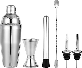 Cocktail Shaker Set, 6-Piece 24oz Shaker Strainer Muddler Jigger Mixing Spoon Pourers (Set of 6)
