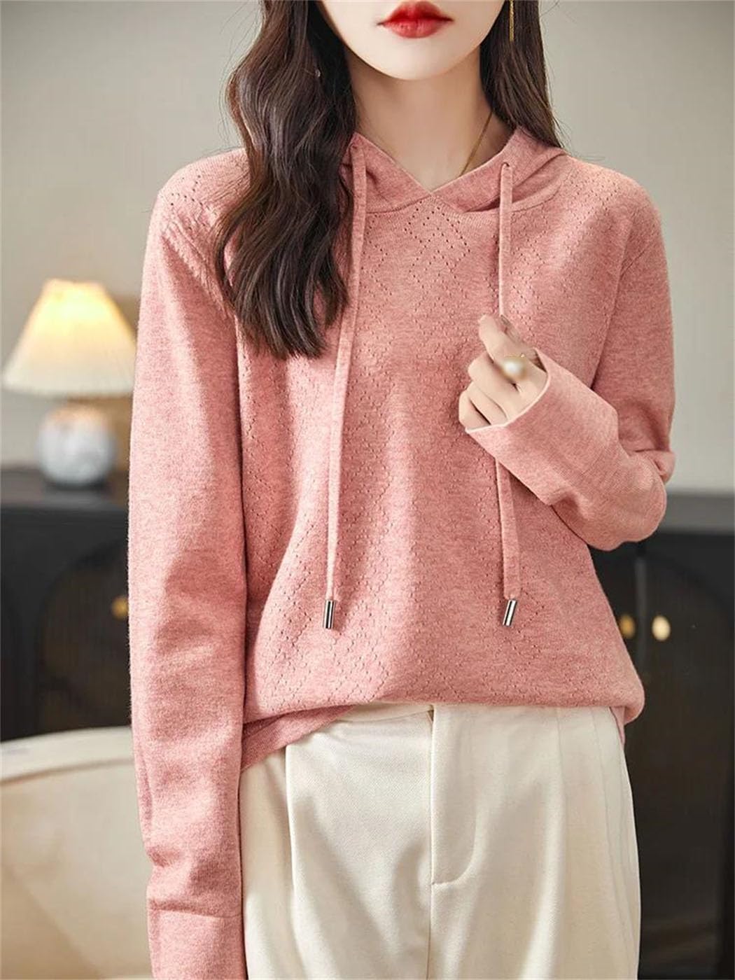 Women's Australian Wool Sweater Long Sleeved O-Neck Drawstring Hoodie Fall Winter Fashion Warm Sweatshirt