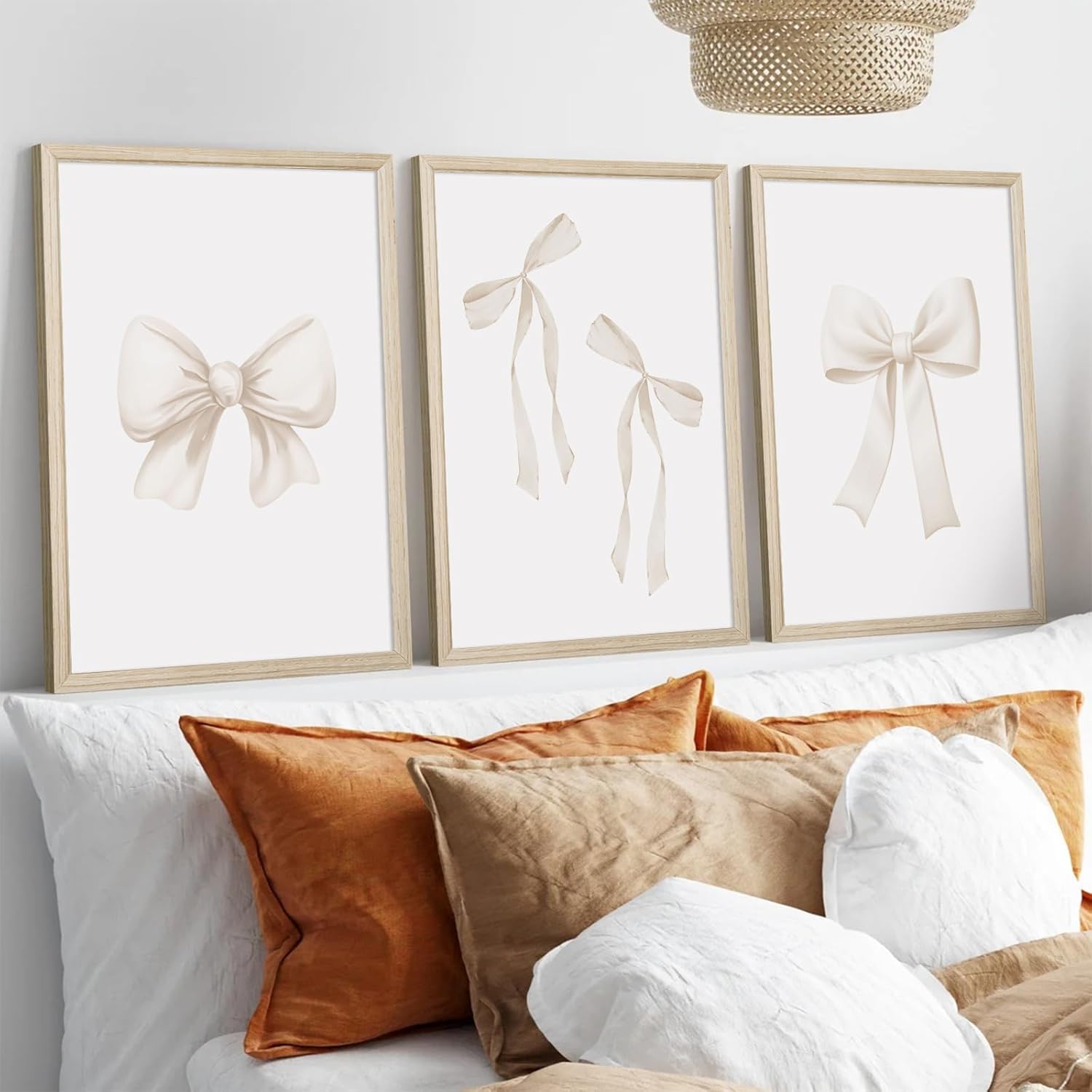 Preppy Bow Wall Art Decor Set of 3 Beige Coquette Wall Art Aesthetic Canvas Posters Trendy Girly Wall Decor Beige Bow Prints Preppy Pictures for Living Room College Apartment 12x16 Inch Wood Framed