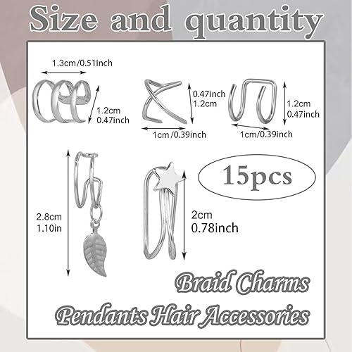 Miniatura 3 de NAISKA 15 piezas de joyería para el cabello para trenzas, accesorios de rastas de estrella, accesorios de trenza de metal, clips sin perforación,