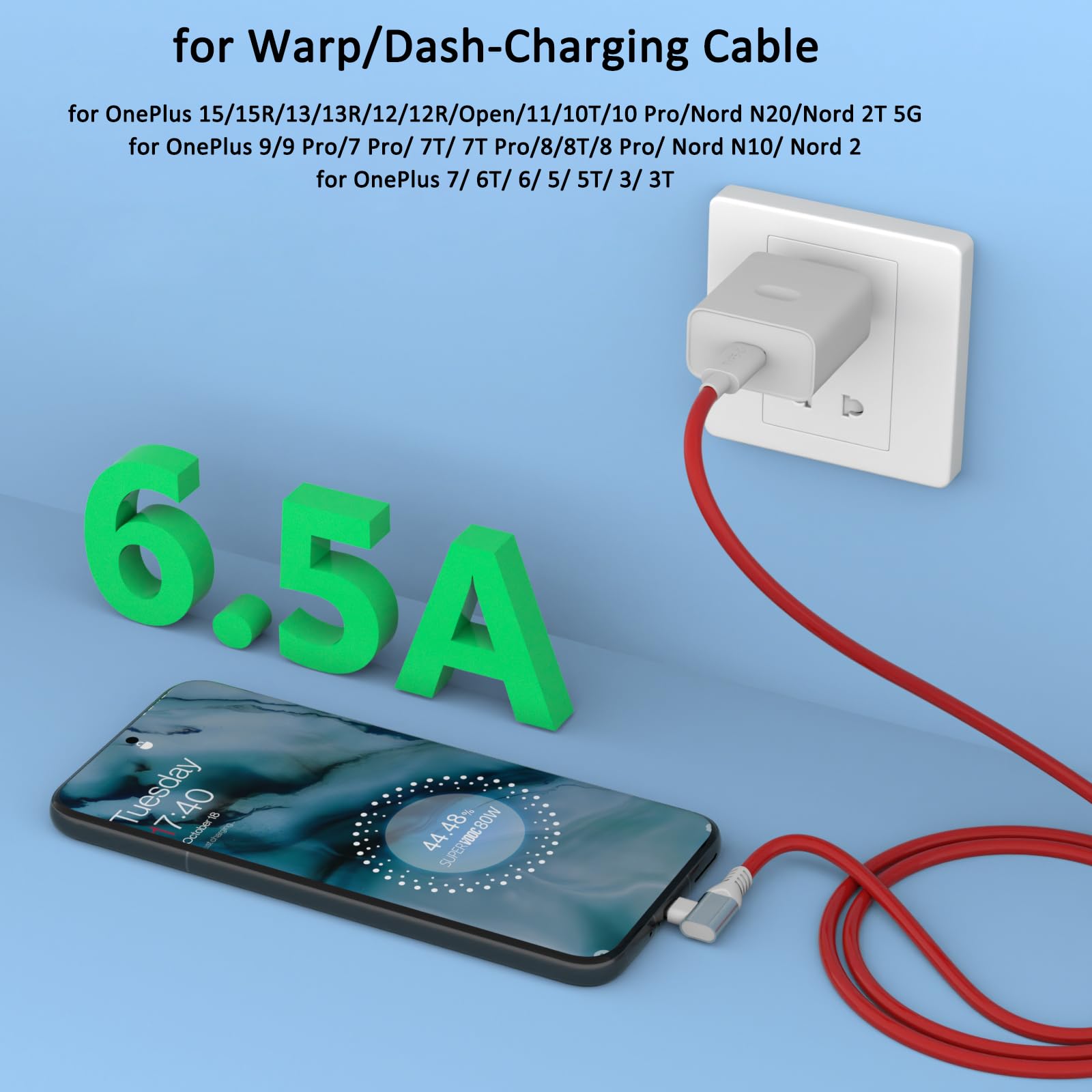COOYA Supervooc USB-C-Ladekabel, 125 W, für OnePlus 10T, 9 Pro, Nord, 2T, 8T, 7T, 65 W, Warp Dash Charge, 1,8 m, Typ-C-Kabel, rechtwinklig, PD, Schnellladekabel, Datentransferkabel für iPhone/Samsung