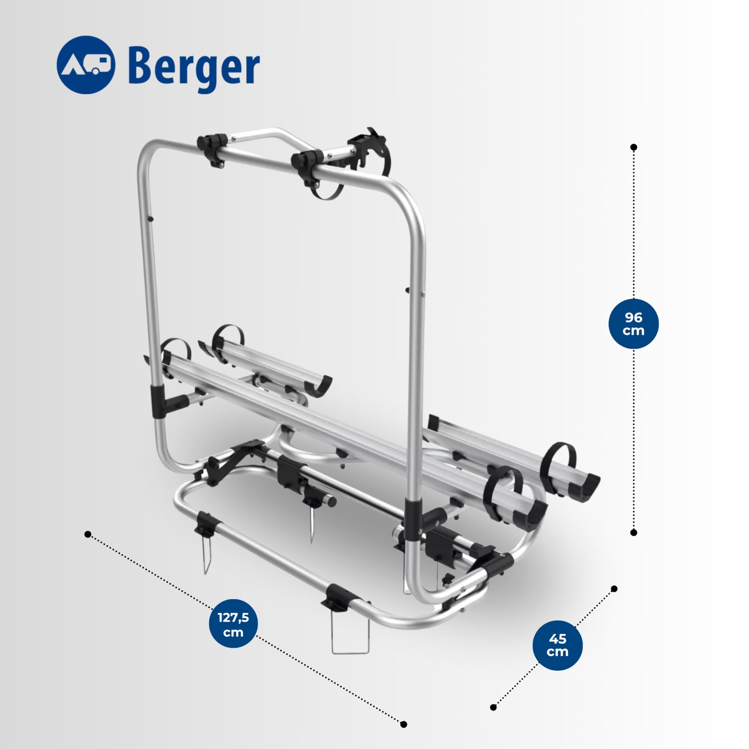 BERGER Portabicicletas para caravanas | Portabicicletas Premium 2XL para 2 bicicletas de hasta 50 kg de capacidad de carga | completamente plegable para facilitar el acceso a las aberturas de la