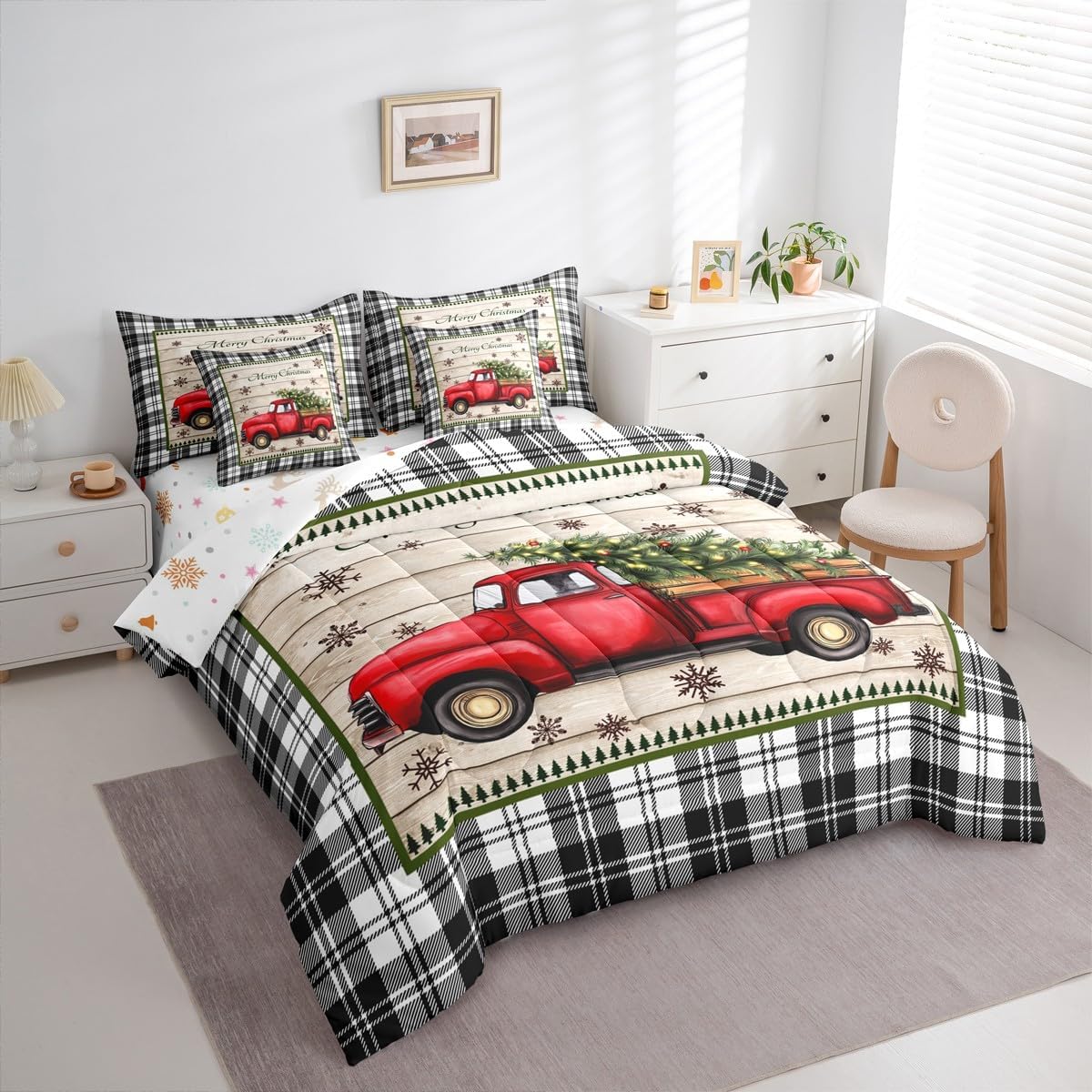 クリスマストラックキッズコンフォータークイーンサイズ、素朴な木製厚板寝具セット7点、幾何学的なグリッド雪の結晶装飾、女の子、男の子用