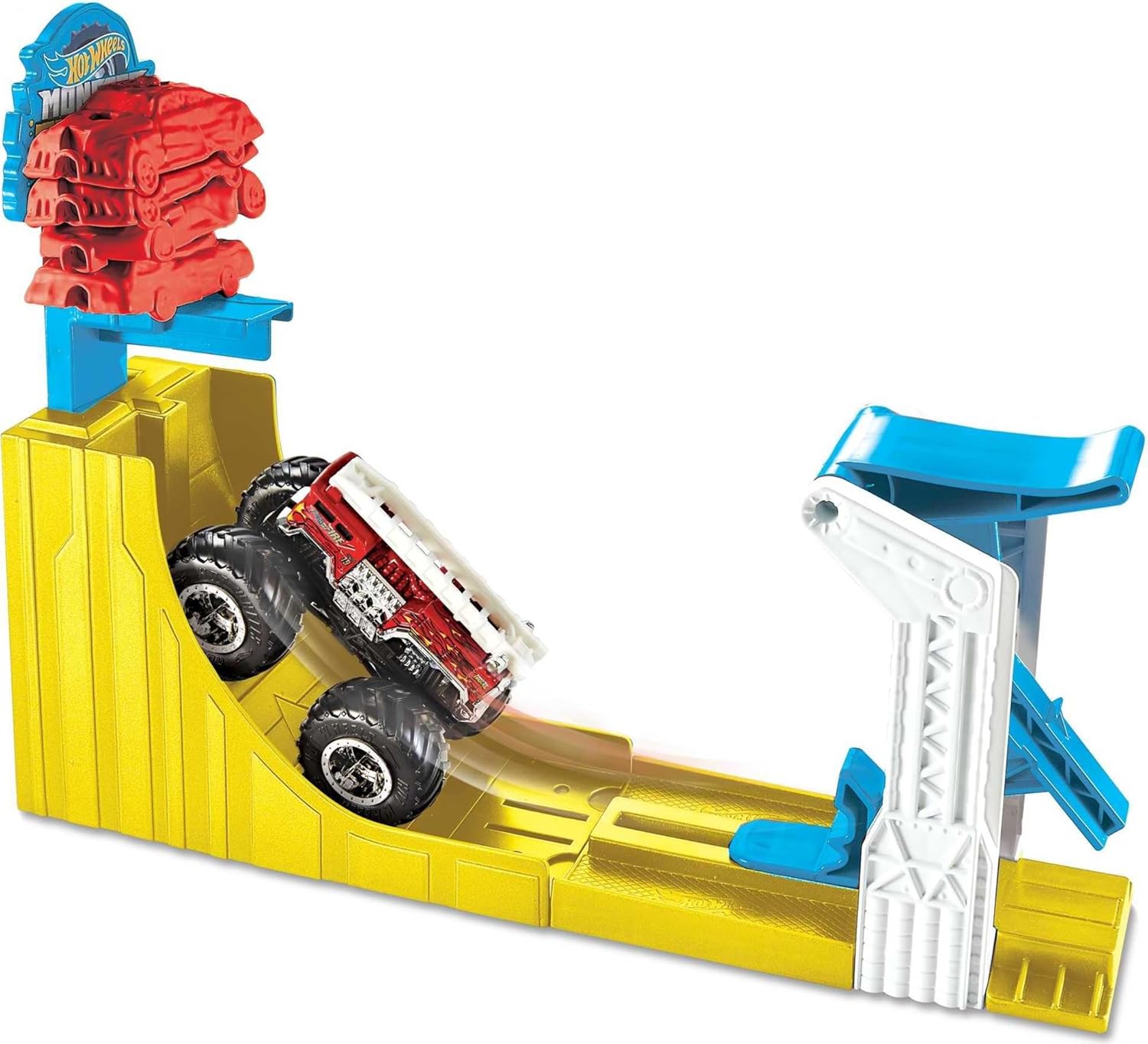 Hot Wheels Monster Trucks Big Air Breakout Play Set with 5 Alarm 1:64 Scale die-cast Metal Body Monster Truck 4 Plastic Crushed Cars 1 Slam Launcher and Ramp for Vertical Crashing for 3-7 Year Olds