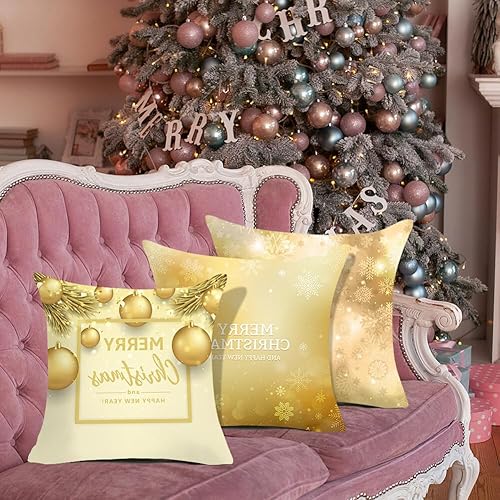 Miniatura 2 de Juego de 4 fundas de almohada decorativas de Navidad de 18 x 18 pulgadas, serie dorada, con estampado de copos de nieve, fundas de almohada