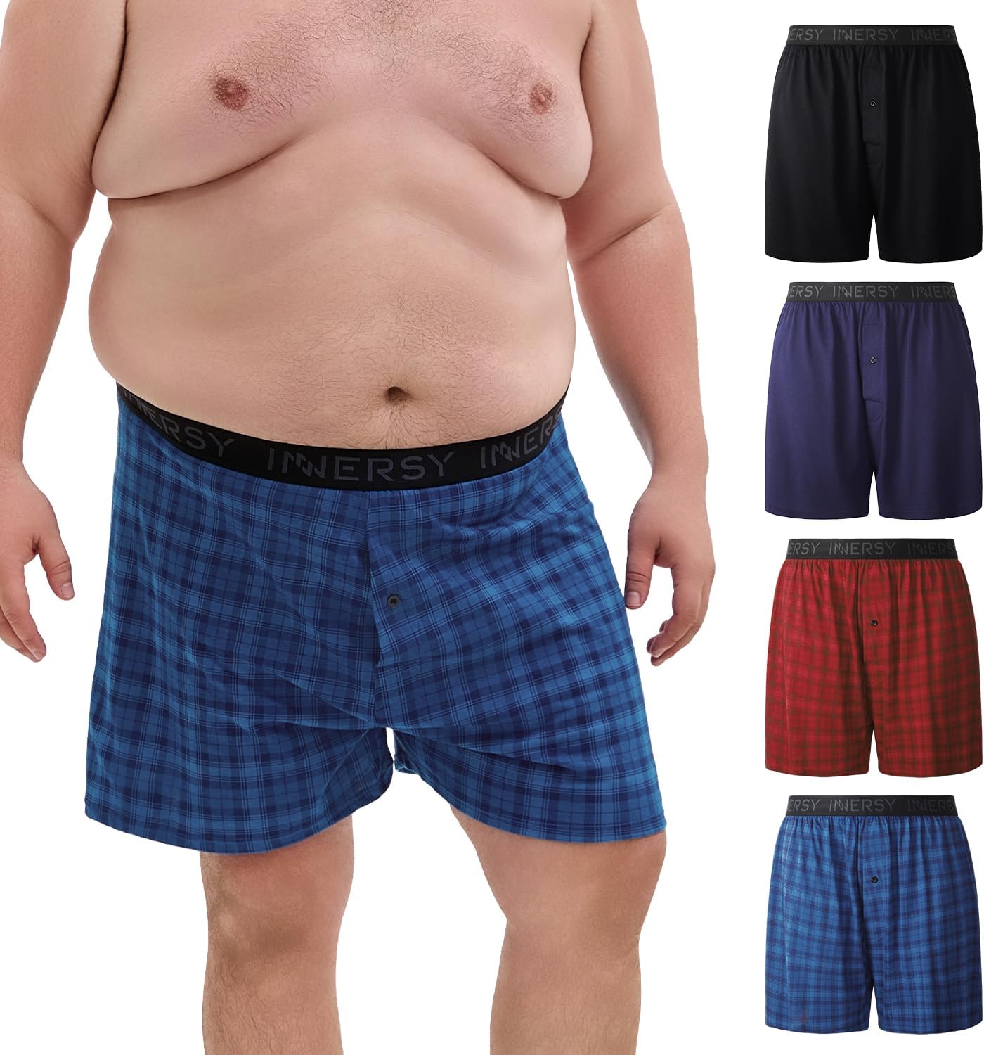 INNERSY Big and Tall Cotton Boxers for Men Moisture Wicking Loose Fit Underwear 4-Pack