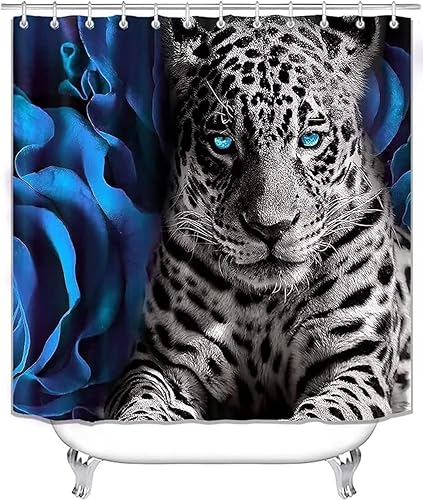 Miniatura 3 de NBVKO Juego de 4 cortinas de ducha con diseño de rosa azul y leopardo con alfombras antideslizantes tapa de inodoro y tapete de baño juego de