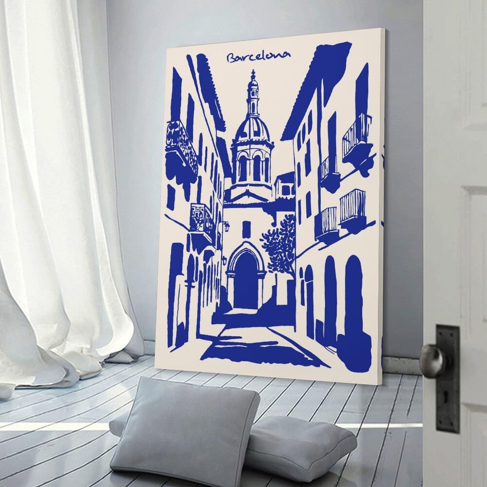 Junmoney Frame-Style-8-1 Barcelona Street View In Blue Wall Art Print, 20X30inch(50X75cm), For Corridors, Hallways Or Apartment Entries, Wall Decor To Refresh Empty Corners