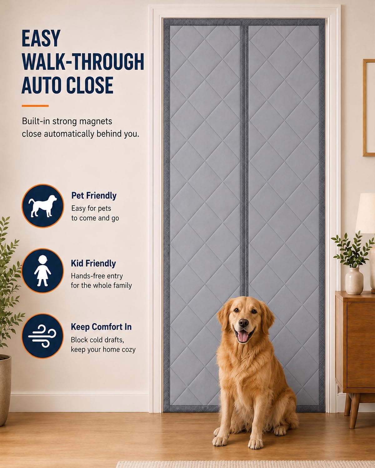 Magnetic Thermal Insulated Door Curtain, Fits 32 x 80 Inch Door | Curtain Size 34 x 82 Inch, Waterproof Oxford Door Cover for Winter, Thick Cotton Filling, Blocks Cold Drafts, Wind and Snow