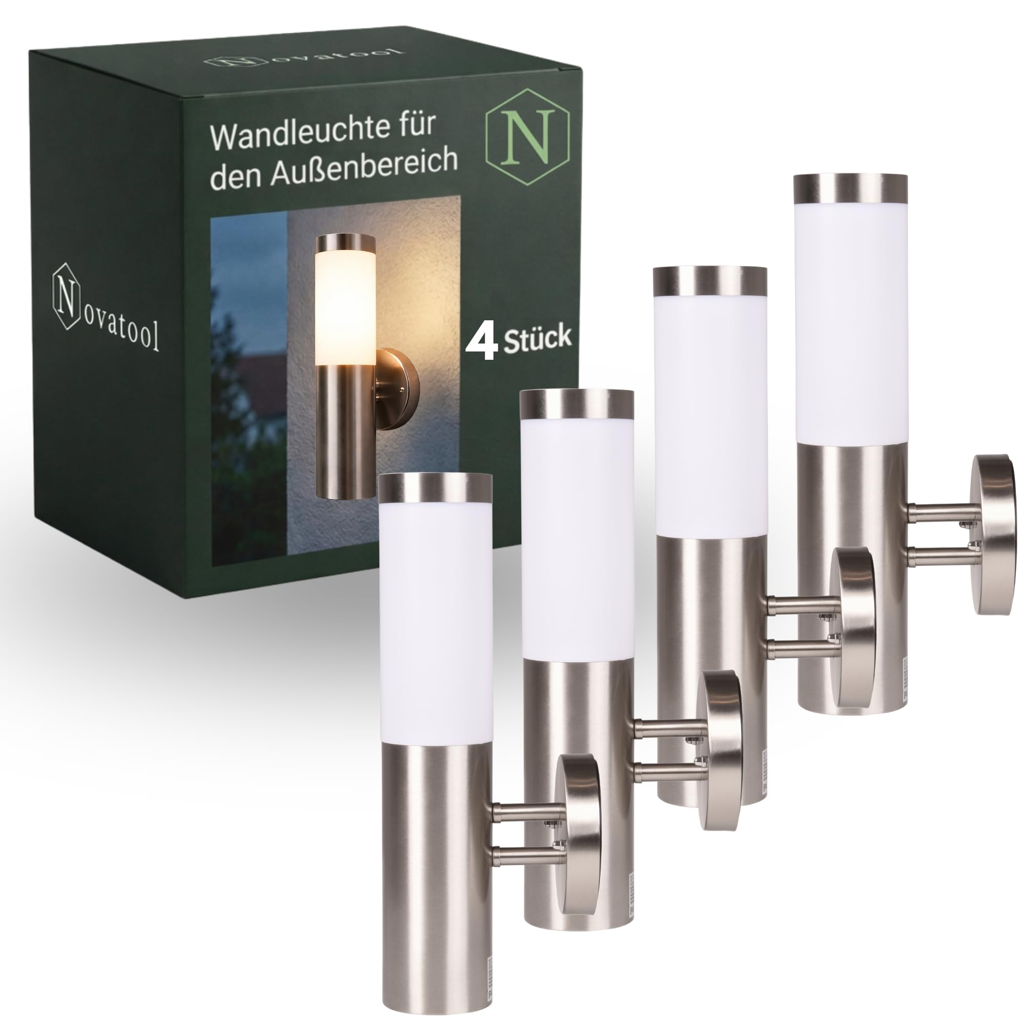 Novatool 4x Außenleuchten Edelstahl IP44 I E27 Sockel I 7,8x14,5x36 cm I Außenlampe für Terasse Aussenleuchten Haus Wandleuchte Aussenbeleuchtung Lampen Außenbereich Außenlicht Outside lights