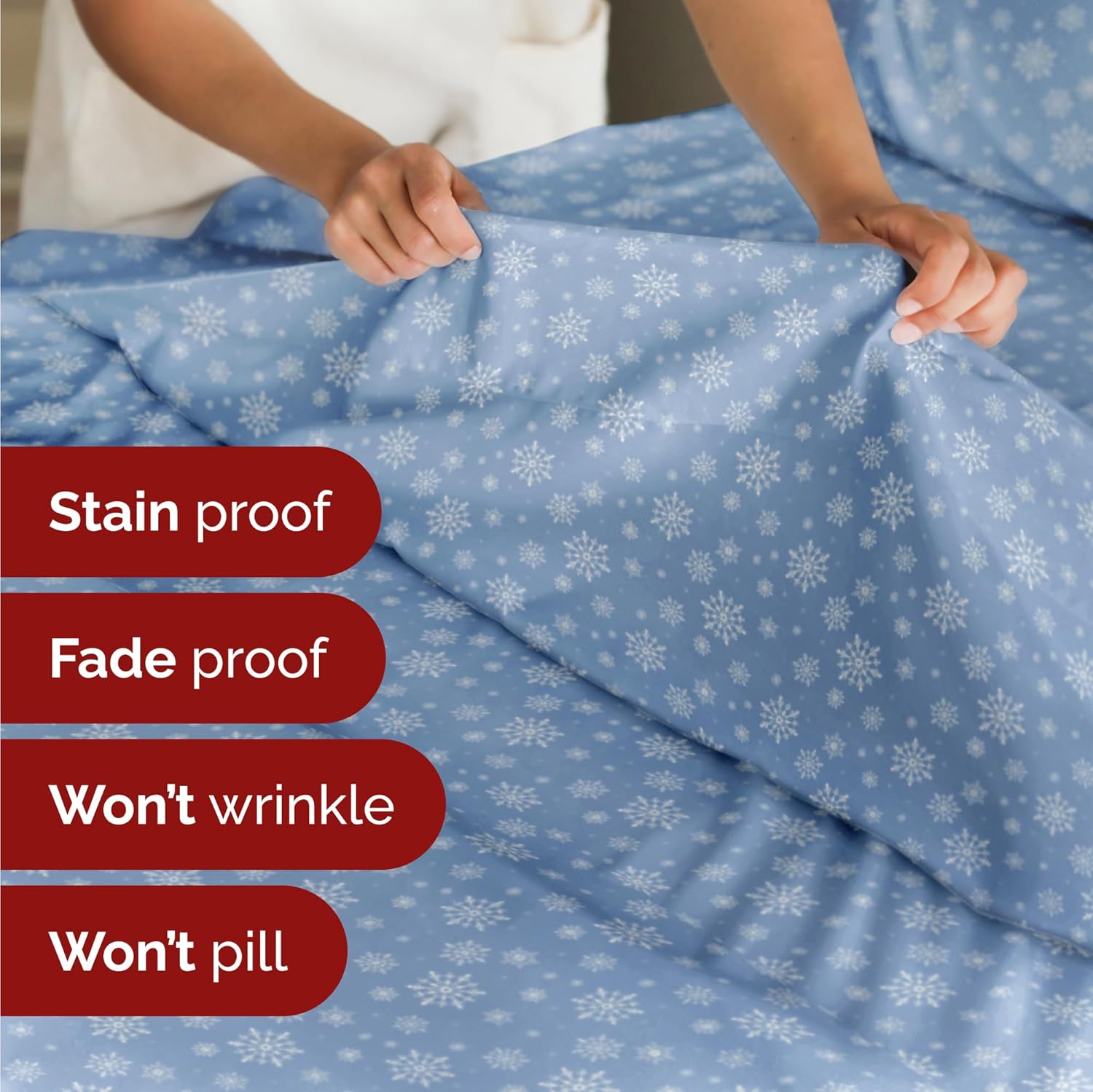 Queen Christmas Blue Snowflakes Sheet Set - Holiday Xmas Pattern Bedding Set - Deep Pockets - Snug Fit - 4 Piece - Wrinkle Free - Cooling Festive Winter - Holiday Sheets for Women, Men, Kids & Teens