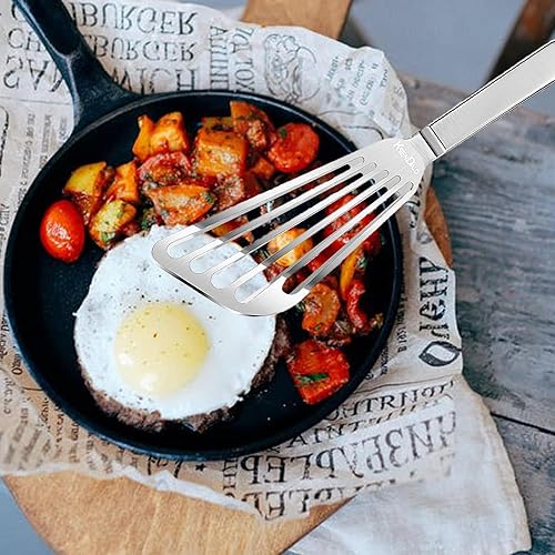 Miniatura 6 de KSENDALO Espátula de pescado de acero inoxidable, espátula para huevos con hoja delgada y flexible ranurada y en ángulo para cocina, parrilla,