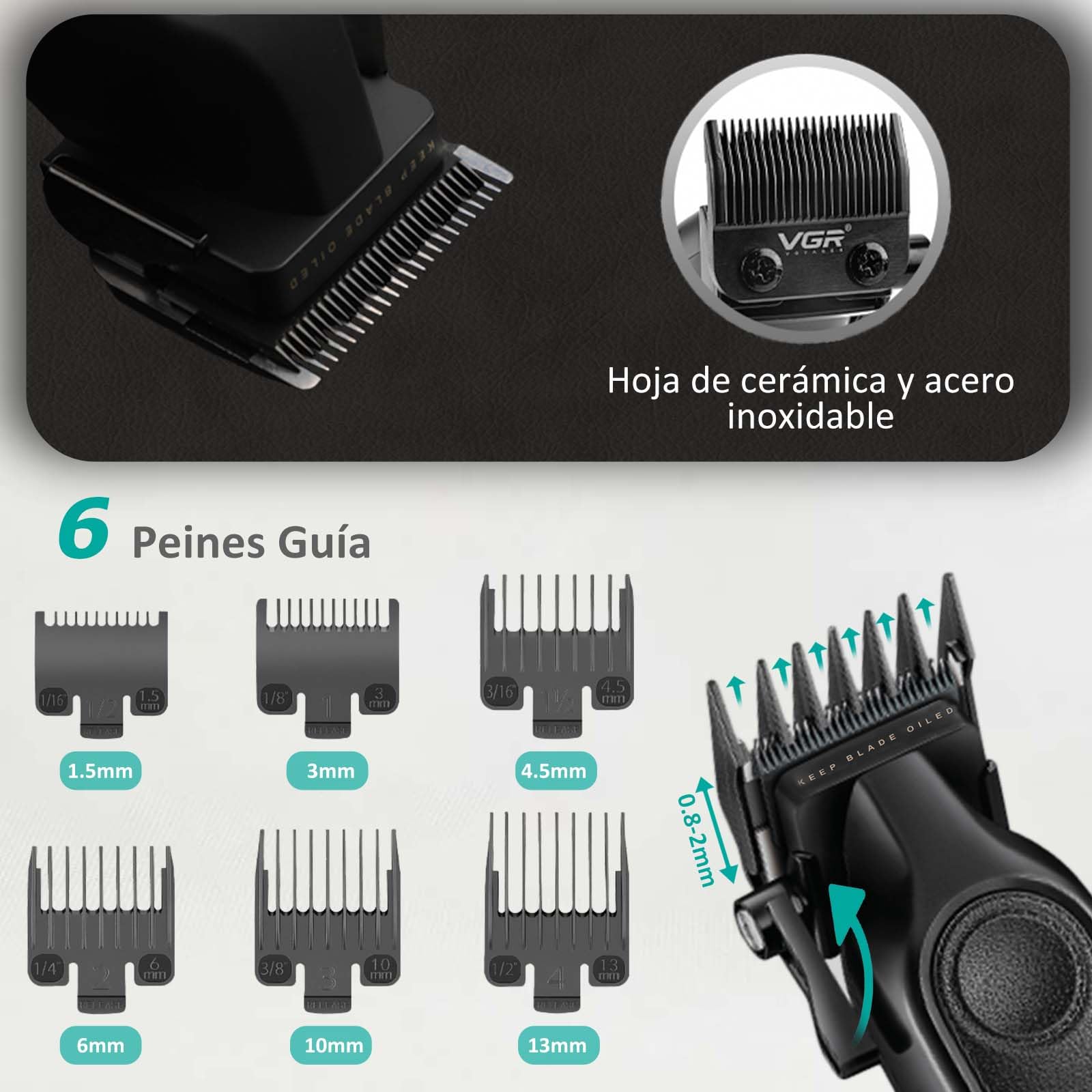 VGR 197 Maquina de Cortar Pelo Hombre Profesional con Palanca Ajustable | Clipper Maquina Pelo con Cuchillas de Cerámica, Cortapelos Profesional Inalámbrico con 6 Peines Guía, Carga USB y Luz LED