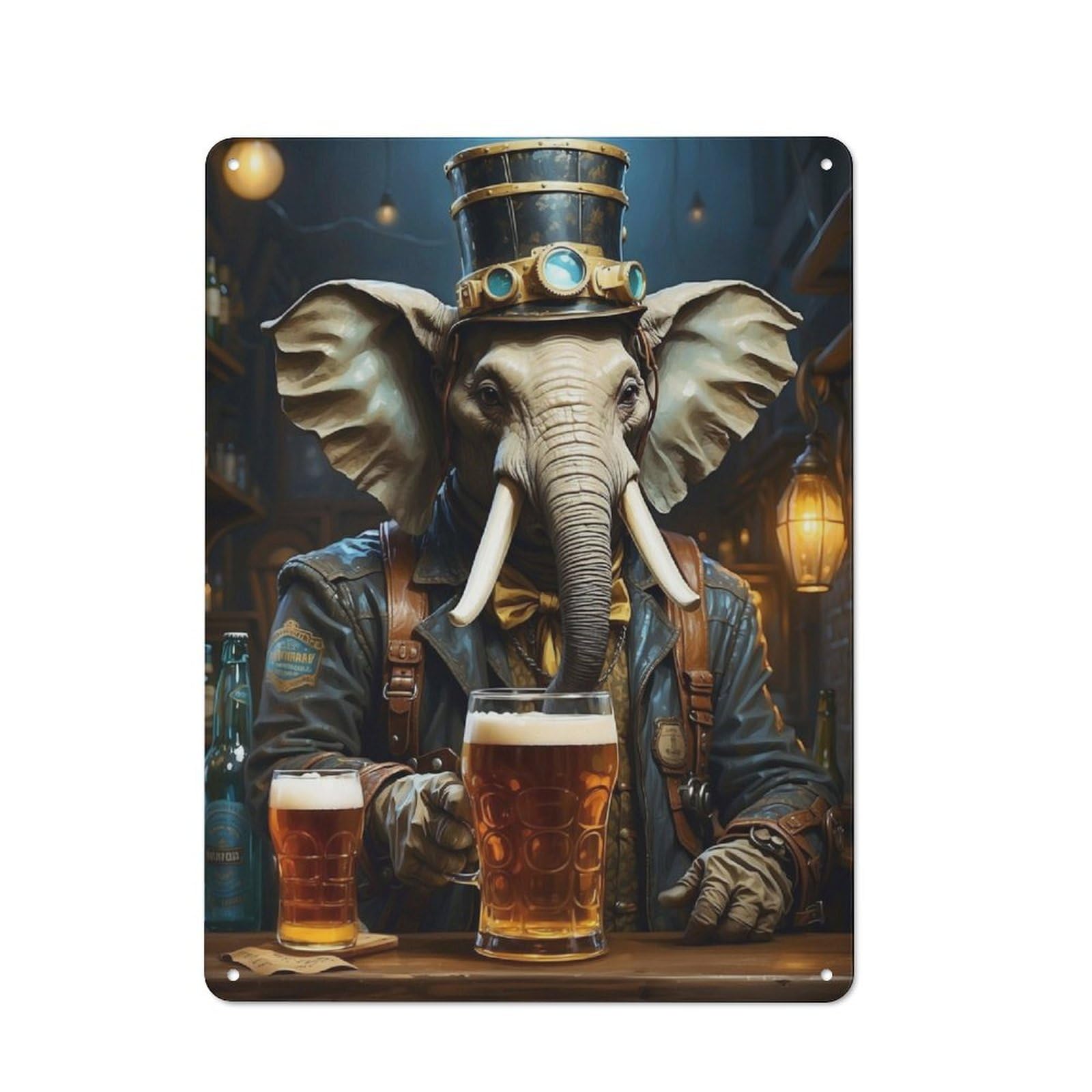 Junmoney Steampunk Beer Elephant 2 Rustic Tin Wall Plaque 40X30cm For Home Bar Wall, For Vintage Wall Decor Fans, For Living Room And Hallway Decor