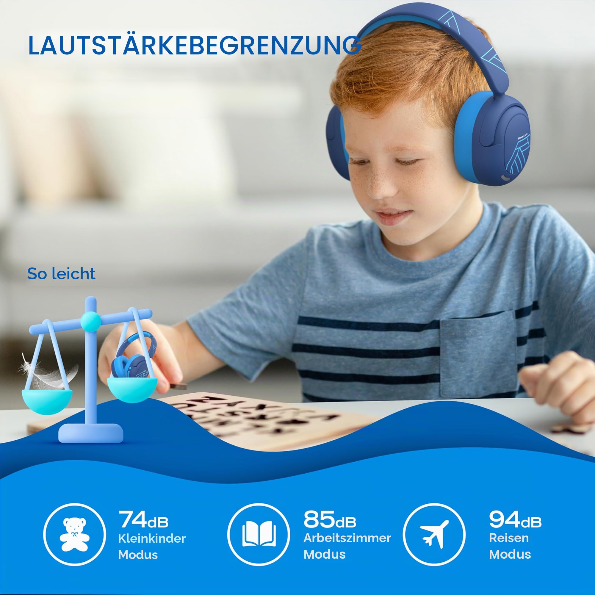 PowerLocus Bluetooth Kopfhörer Kinder, Aktive Geräuschunterdrückung, 70H Spielzeit, 74/85/94dB Sichere Lautstärke, Kinder Kopfhörer mit Boom Mikrofon, Kabellos und Kabel Kinderkopfhörer mit Tasche