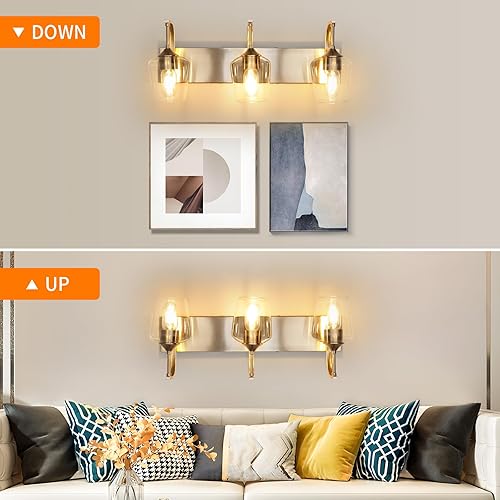 Miniatura 2 de Lámpara de baño de níquel cepillado de 3 luces con pantalla de vidrio transparente, luces de pared modernas de 23.62 pulgadas para dormitorio,