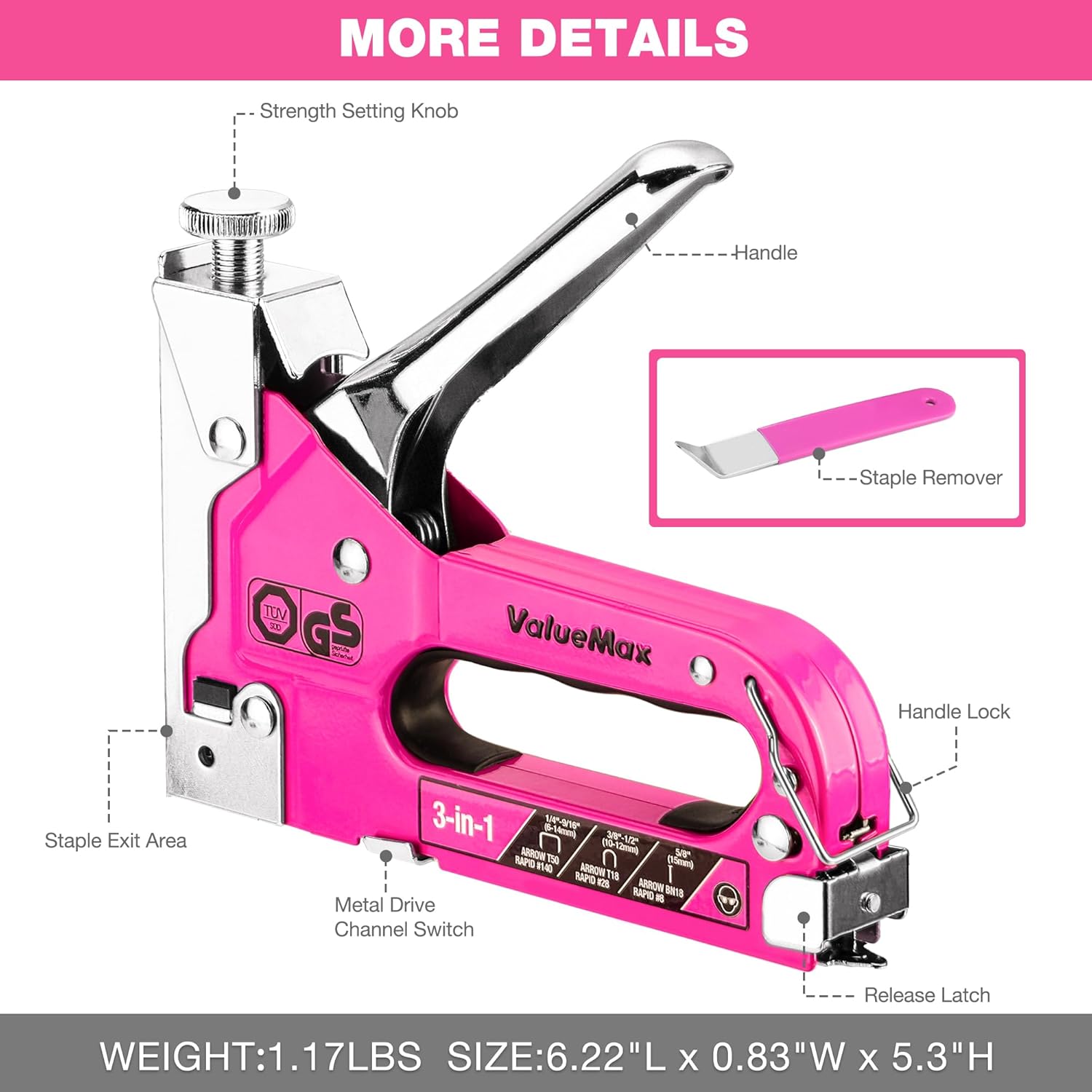 ValueMax Staple Gun, Heavy Duty 3-in-1 Manual Nail Gun with 2000 Staples, Remover, Upholstery Stapler for Wood, Furniture, Carpet, Carpentry, DIY, Wire, Decoration, Craft, Fixing Material, Decoration Purple Red & 2000 Staples