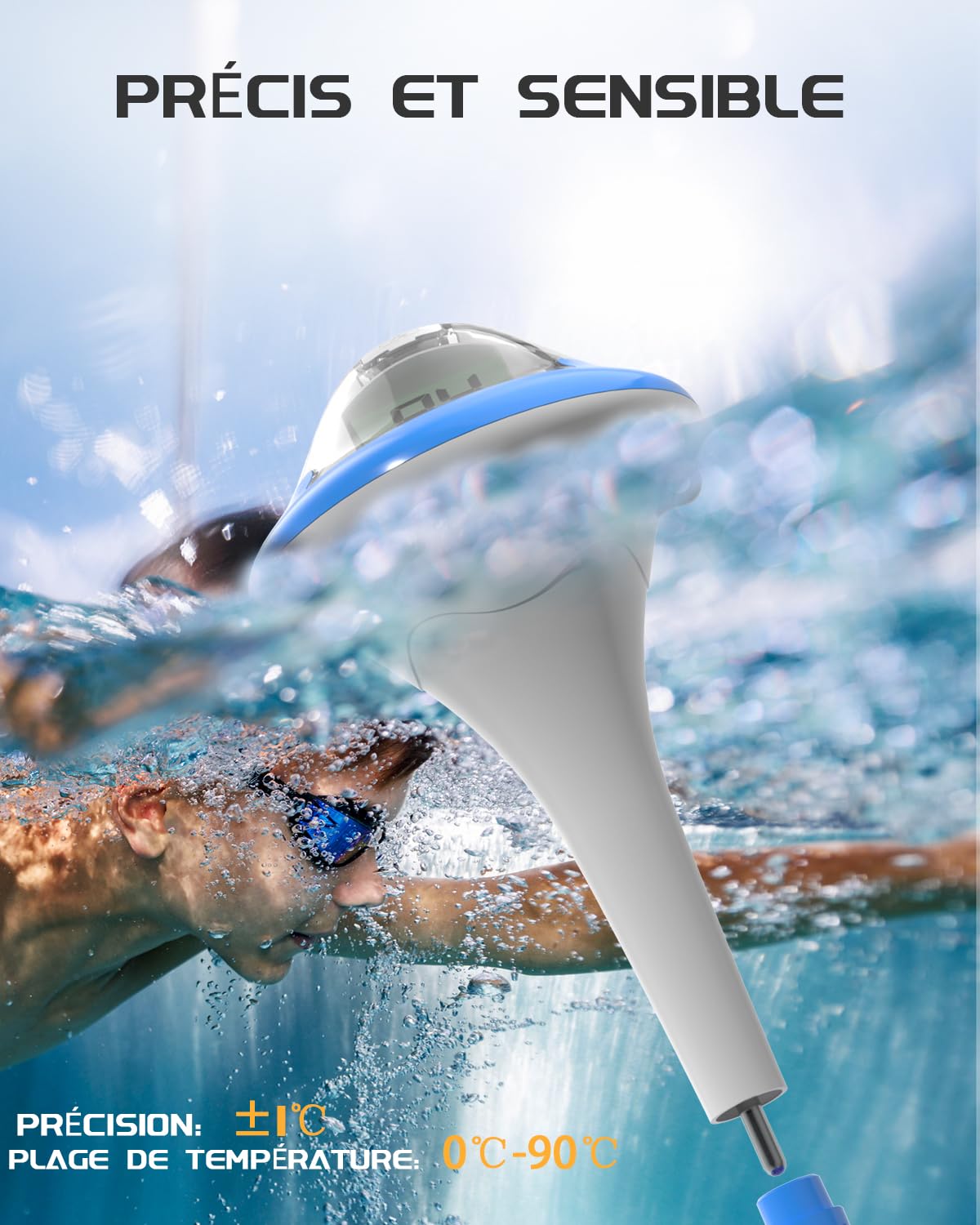 BALDR Termometro da piscina ricaricabile galleggiante con due schermi digitali e grandi cifre per piscina, vasca idromassaggio, sorgente calda, acquario (blu)