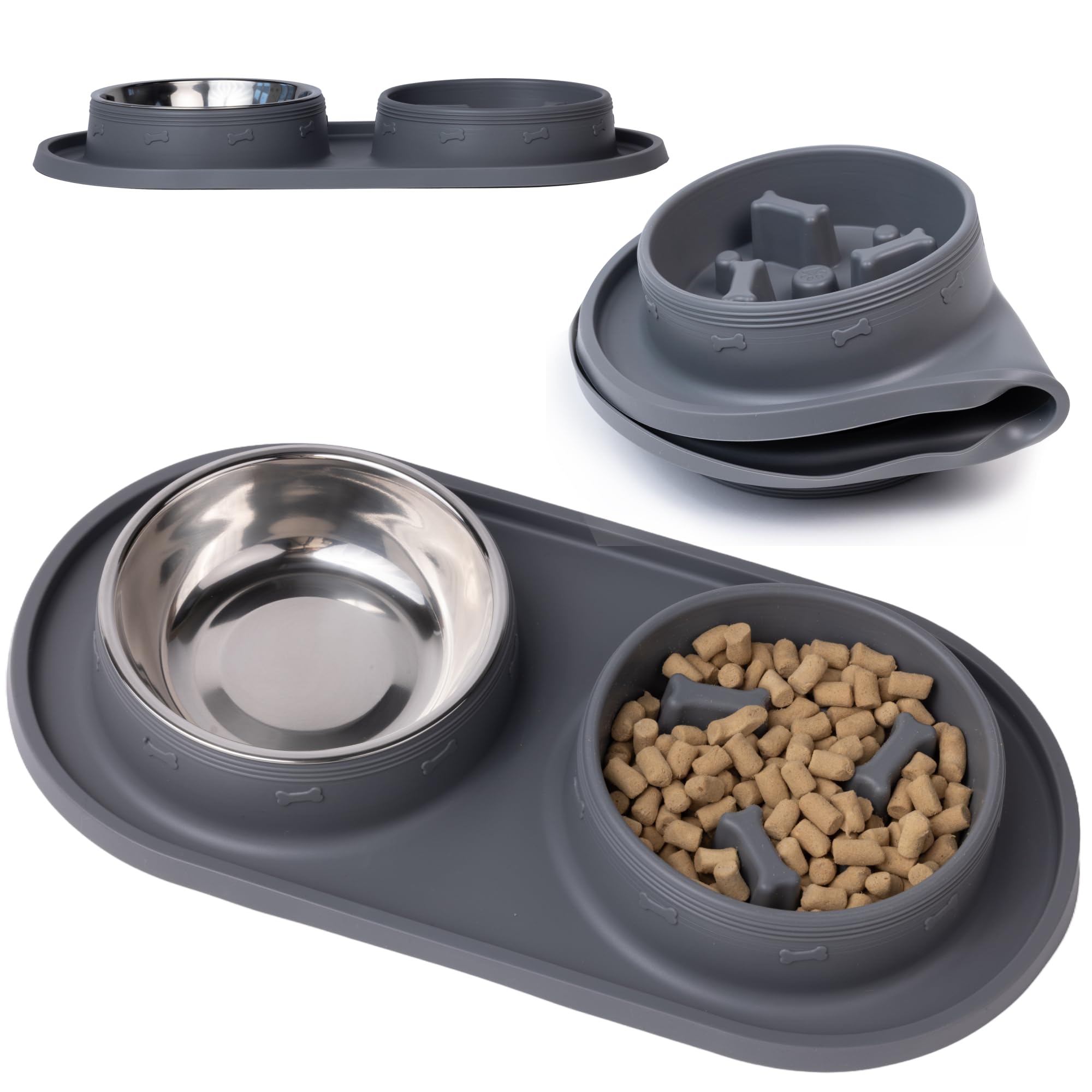 MalsiPree Cat & Dog Slow Feeder Bowl - Improve Digestion - Stainless Steel Water Bowl & Anti-Spill Silicone Mat - for Small & Medium Breeds - 15 oz - Puppy Slow Feeder