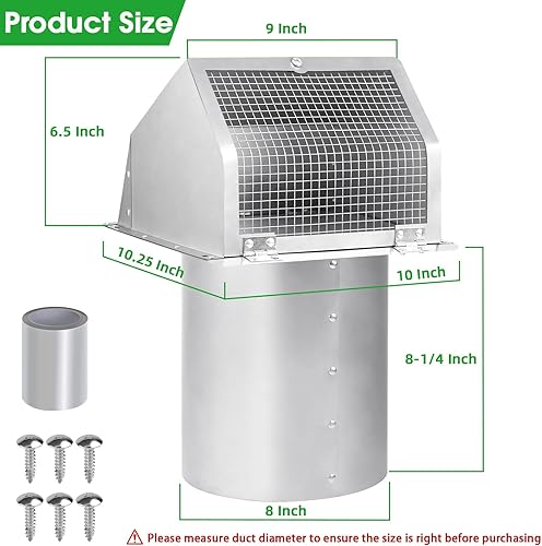 Miniatura 2 de Cubierta de ventilación de pared de 8 pulgadas, cubierta de ventilación de escape con pantalla y amortiguador, tapa de ventilación de escape de