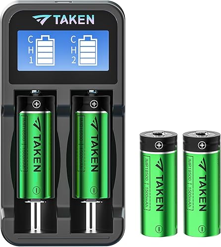 Taken Batería recargable de iones de litio 18500 con cargador, IMR 18500 3.7V 1500mAh batería recargable con botón superior, paquete de 4 baterías
