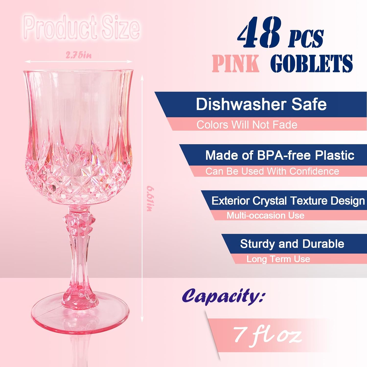 48 PCS Pink Plastic Wine Glasses,Reusable Plastic Wine Glasses,Pink Goblet Glass,Durable and Sturdy Cups Can Be Used for Various Parties Such as Weddings! - Image 2