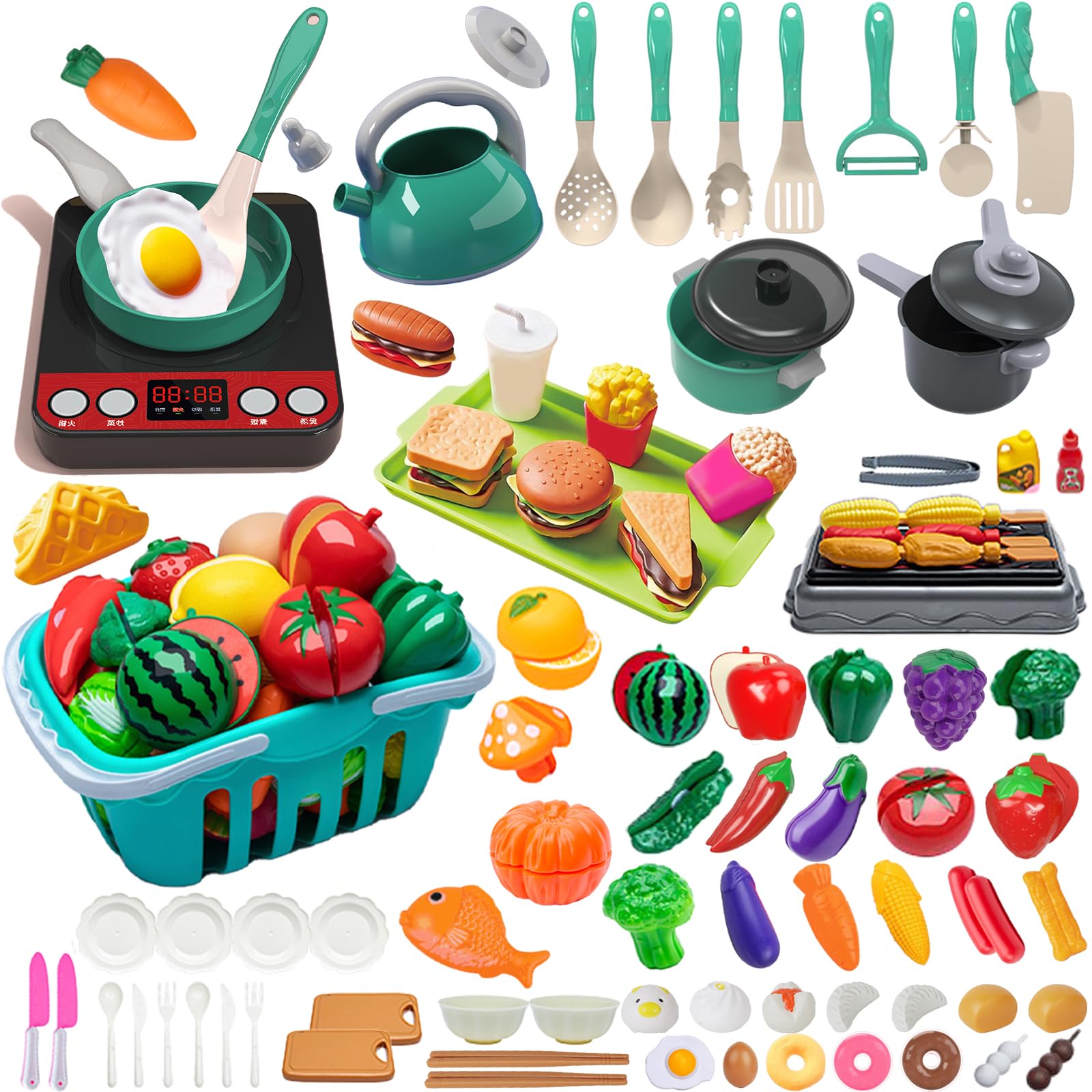 108Pcs Kids Kitchen Toy Accessories, Toddler Pretend BBQ Camping Cooking Playset, Utensils Cookware Toys, Play Food Set, Toy Vegetables, Learning Gift for Girls Boys