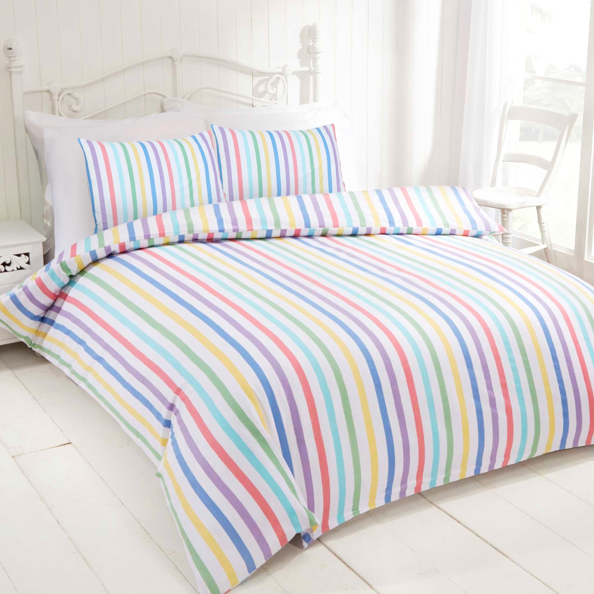Rapport Home Candy Stripe Super King Duvet Cover Set - 100% Cotton, Multicolour Striped Pattern, Easy Care Bedding for Kids & Adults