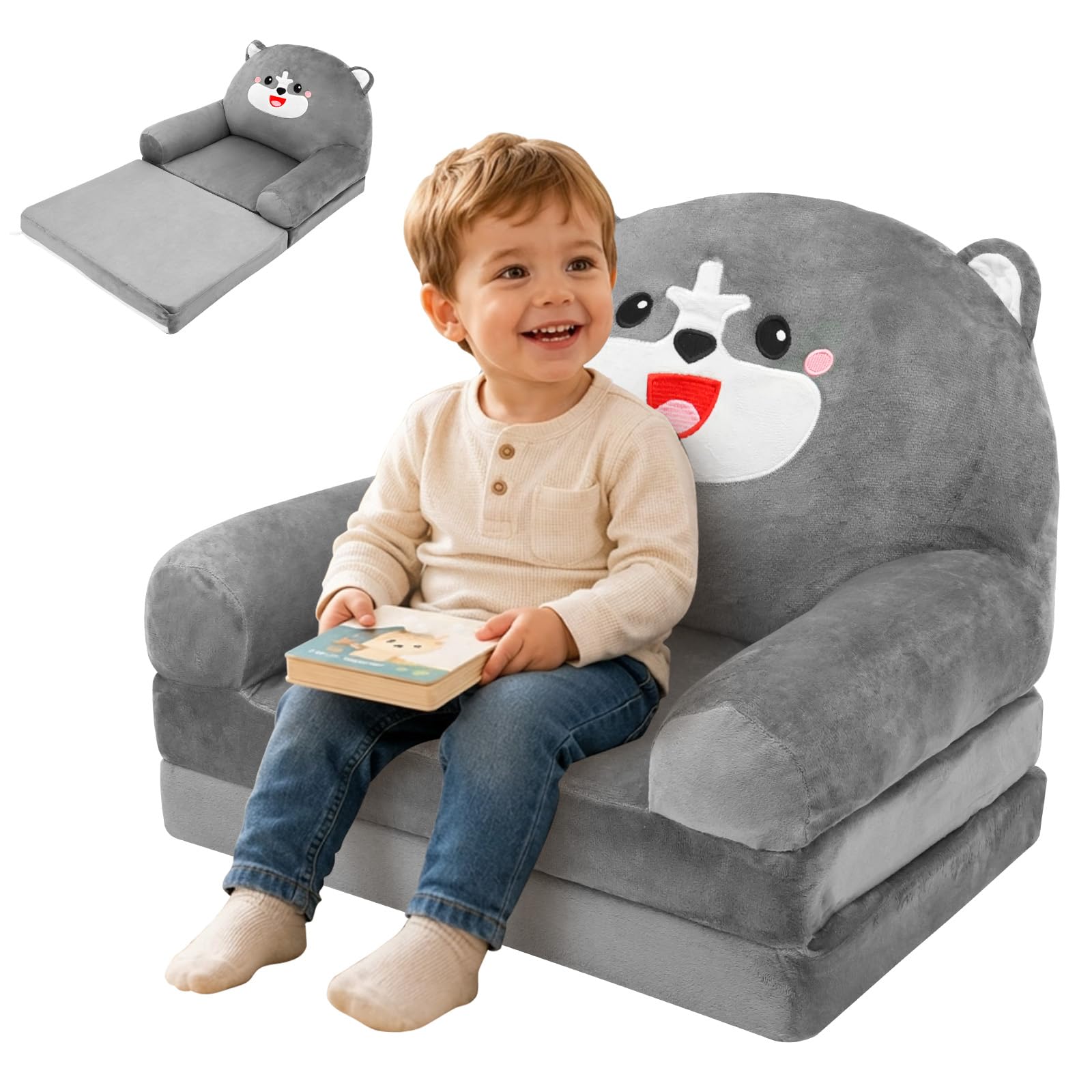 Bpyhebe 2 in 1 Foldable Kids Sofa Couch, Convertible Toddler Floor Lounger Bed, Plush Cartoon Animal Children Flip Out Chair for 1-4 Years Old, Machine Washable Cover for Playroom Bedroom(Husky)