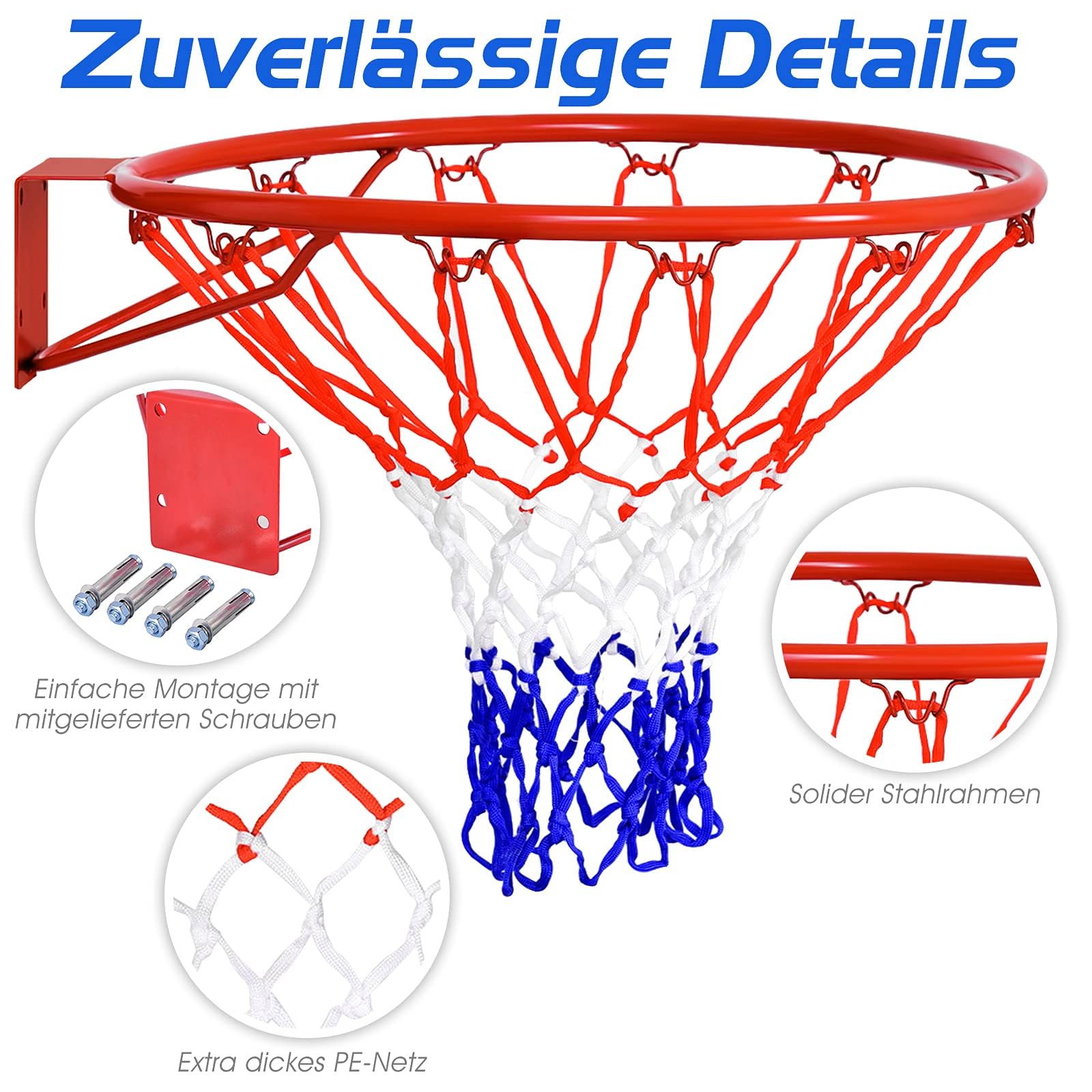 COSTWAY Ø 45 cm Basketballring mit Netz, Basketball Korb aus Stahlrahmen und wetterfestes Nylonnetz, Basketballkorb für In- und Outdoor