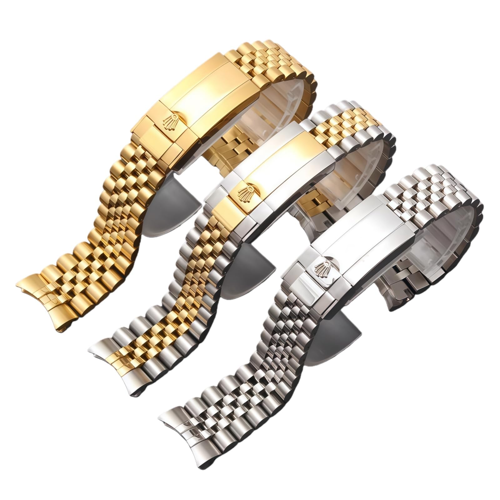 Cinturino Orologio 20mm Ricambio Design Jubilee Terminali Curvi Fibbia Micro Regolazione Senza Attrezzi - Argento Oro 20MM