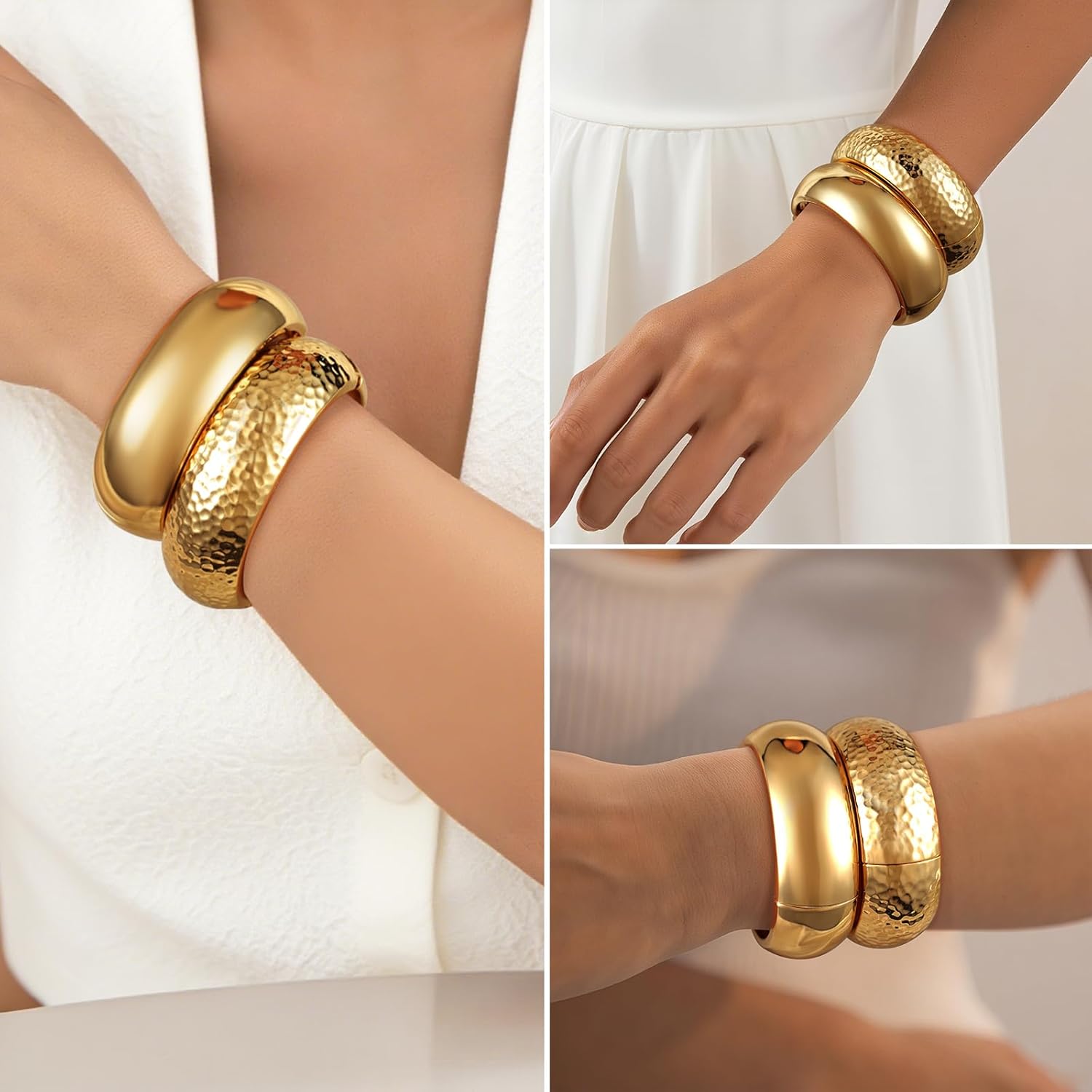 Fashion this season F&S Chunky Trendy Gold Cuff Bracelets Sets, 2026 New Polished for Long-lasting Luster Chunky Wide Cuff Stackable Bracelet for Women, Non-Tarnishing Thick Arm Cuff, Trendy Statement Cuff Bracelet Stack Fashion Jewelry Christmas Gifts - Image 5